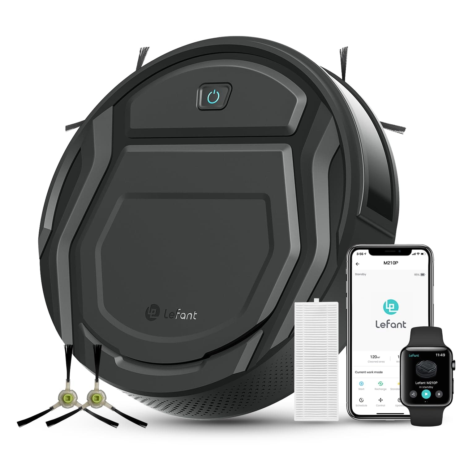 Lefant M210P Robot Aspirapolvere, Potenza 2200Pa, Ultra Sottile 7.8cm, Auto 120 Minuti, Senza Grovigli, Potenziamento Tappeto Adatto per Tappeti e Proprietari Animali, Controllo Wi-Fi/APP/Alexa, Nero