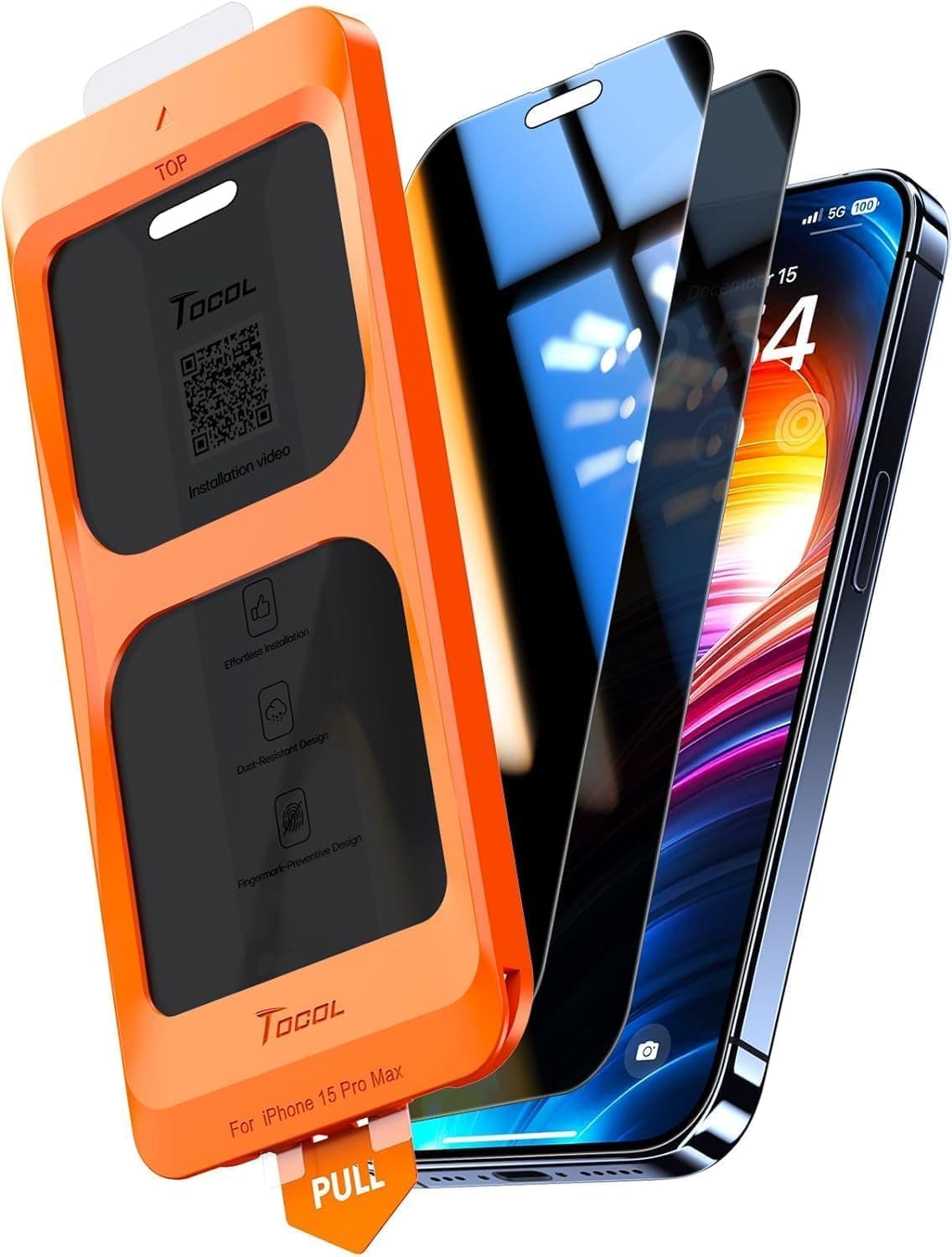TOCOL Privacy Pellicola Protettiva per iPhone 15 Pro Max 6,7 Pollici, 25° Reali Anti-Spy, Rimozione Automatica Della Polvere, Copertura Completa, Senza Bolle, Durezza 9H, 2 Pezzi