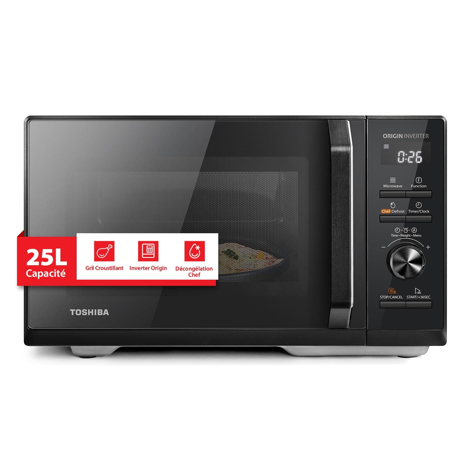 Toshiba Inverter Origin MW3-AG25PFI(BK) Four Micro-ondes Combiné 25L, Noir | 900W, 3-en-1, Gril, Cuisson Rapide, 7 Menus Automatiques, Décongélation Chef