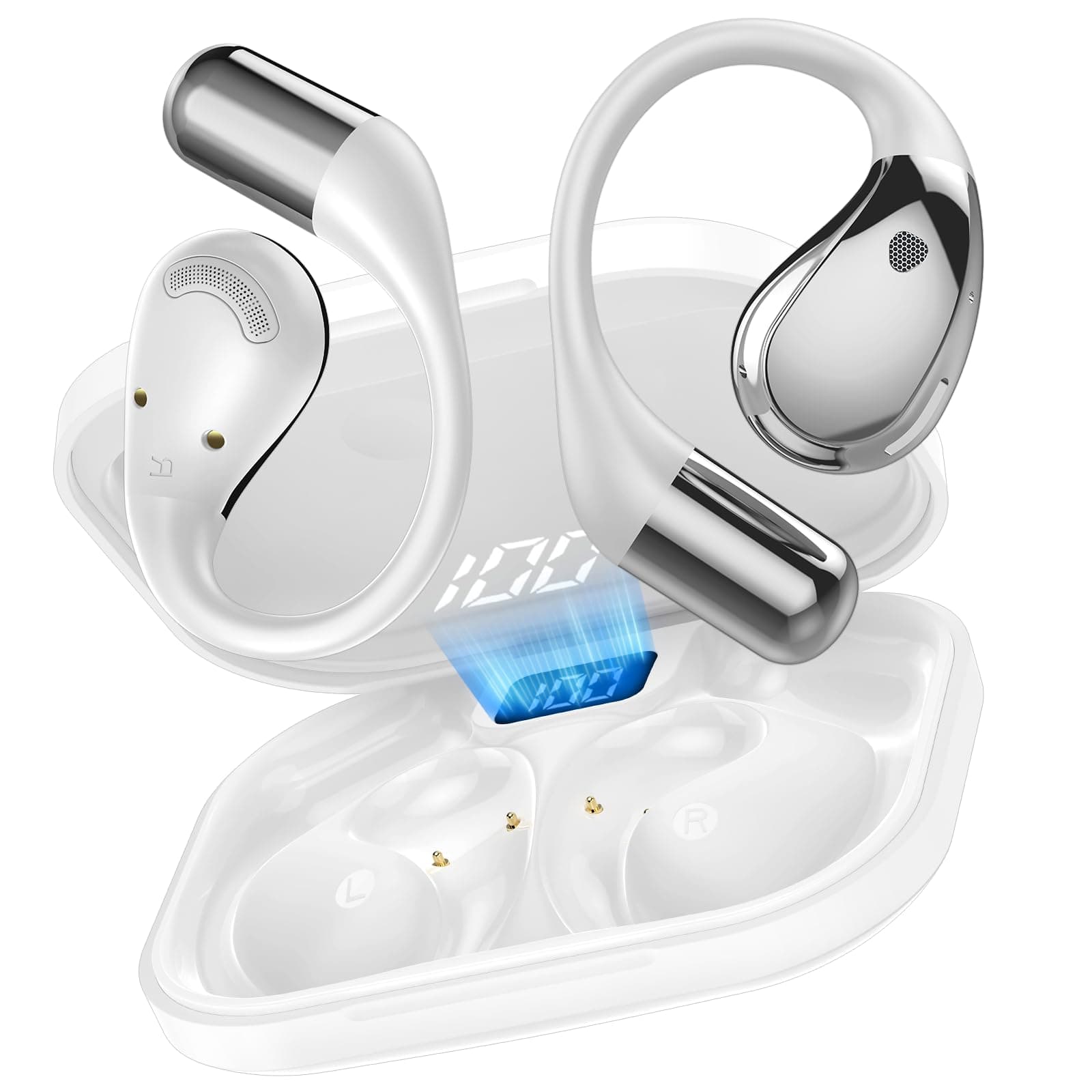 Auriculares Open-Ear, Bluetooth V6.0 Auriculares inalambricos Deportivos | 40H Hi-Fi Estéreo Cascos Inalambricos Bluetooth con ENC, Pantalla LED/IP7 Impermeable/Ganchos Ajustables para Sport, Blanco