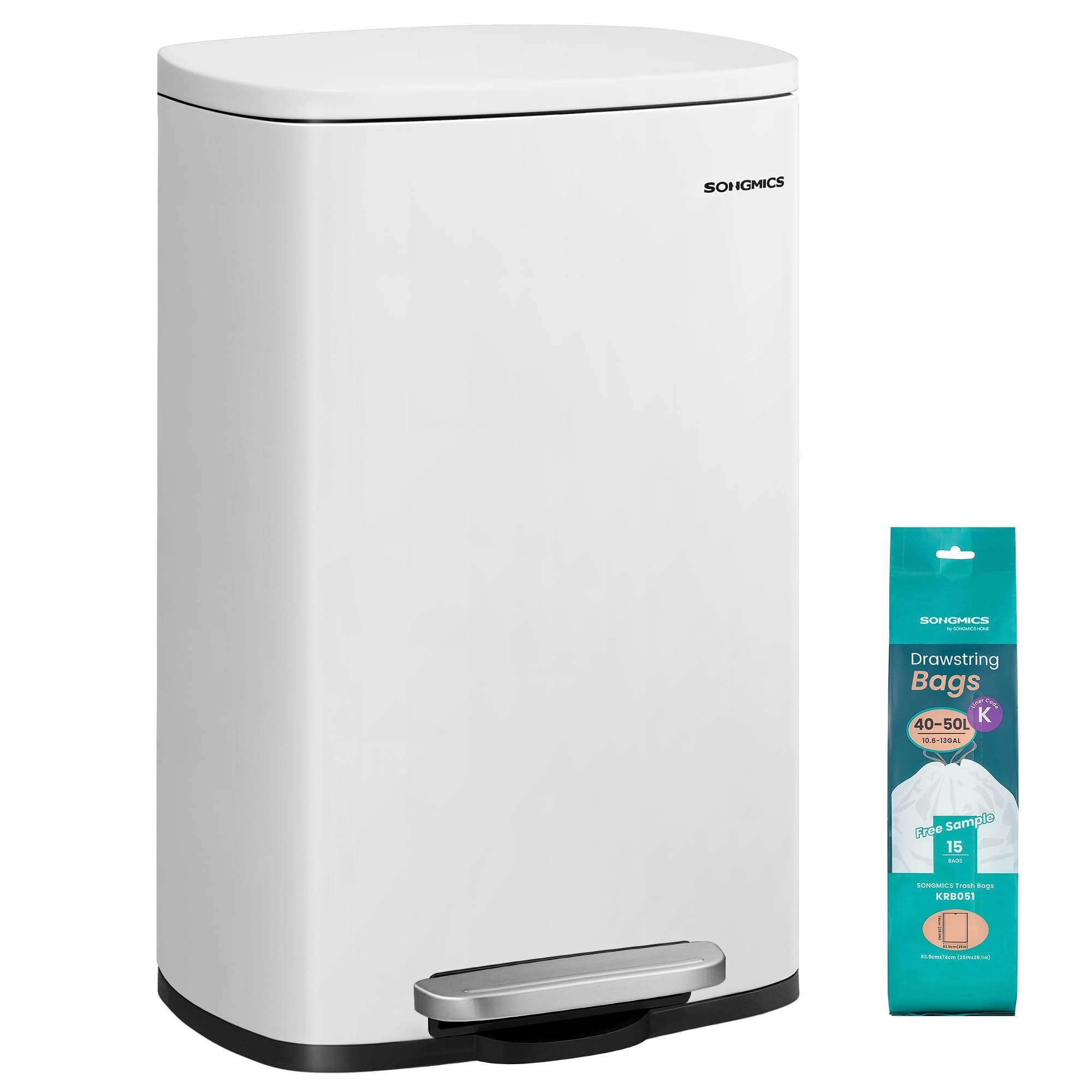 SONGMICS Poubelle de Cuisine 50 L, avec Seau Intérieur | Poubelle, 43,2 x 37,1 x 63,2 cm, Fermeture en Douceur, pour Cuisine, Blanc Mat et Noir D'Encre, Collection PLUSHIC LTB101W01