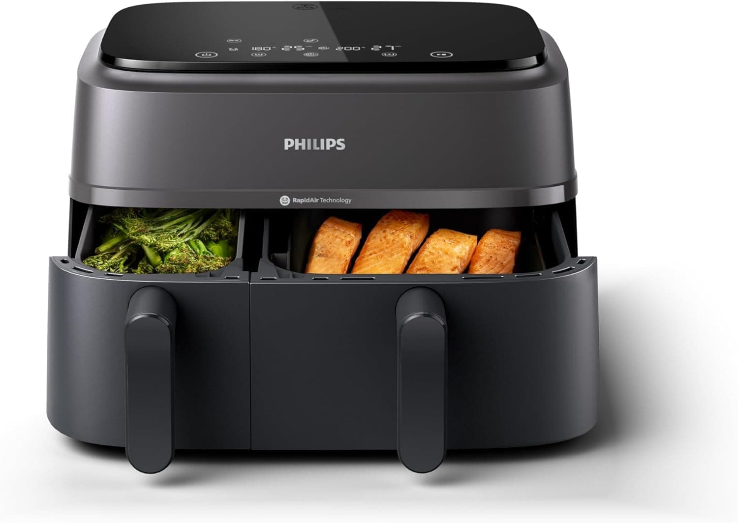 Philips Airfryer DualBasket - Cocina sano, rápido y versátil, 9L de capacidad, pantalla táctil, diseño con 2 cestas (NA350/00)