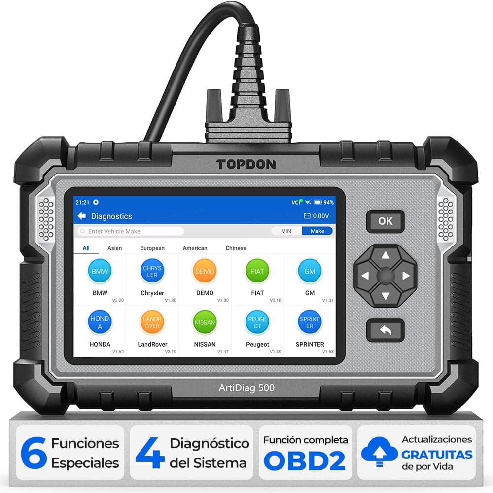 TOPDON AD500 OBD2 Diagnosis Escáner de Coche para Motor, Transmisión, ABS y airbags, 6 Funciones de Reinicio (Aceite, SAS, Acelerador, TPMS, BMS, EPB),AutoVIN, Actualizaciones Wi-Fi de por Vida