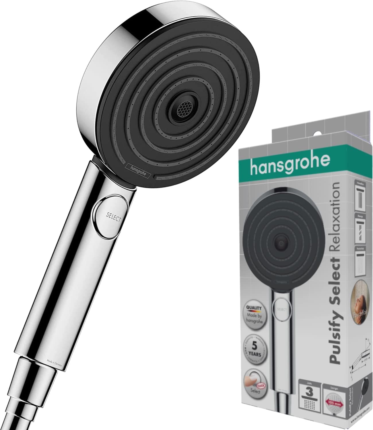 Hansgrohe Pommeau de Douche Pulsify Select S, Douchette à Main 105 mm Diamètre, 3 Types de Jet (Relaxation), Chromé, 24110000
