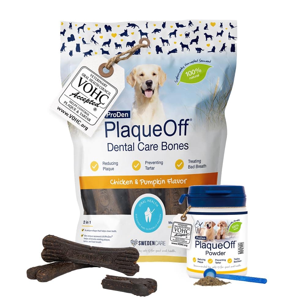 ProDen PlaqueOff Kit per Cani Medi e Grandi: Polvere Dentale 60g + 13 Dental Bones Pollo e Zucca, Rimuove Placca, Tartaro e Alito Cattivo, Supporta Denti Puliti e Gengive Sane