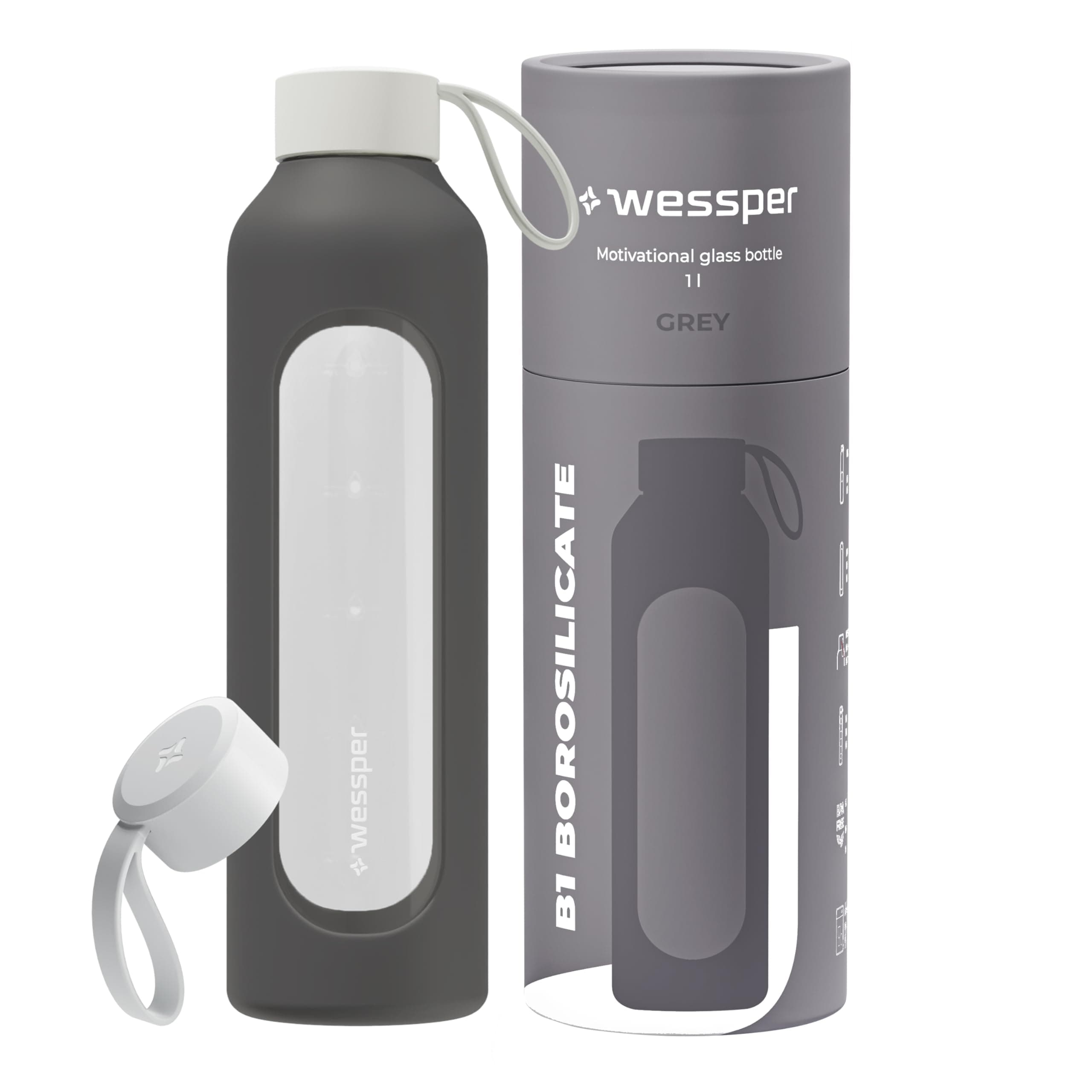 Wessper Bouteille a eau 1 Litre, Bouteille de Motivation avec échelle D'hydratation, Gourde pour eau en Verre Borosilicaté avec étui en Silicone, Matériau Sans BPA - Gris