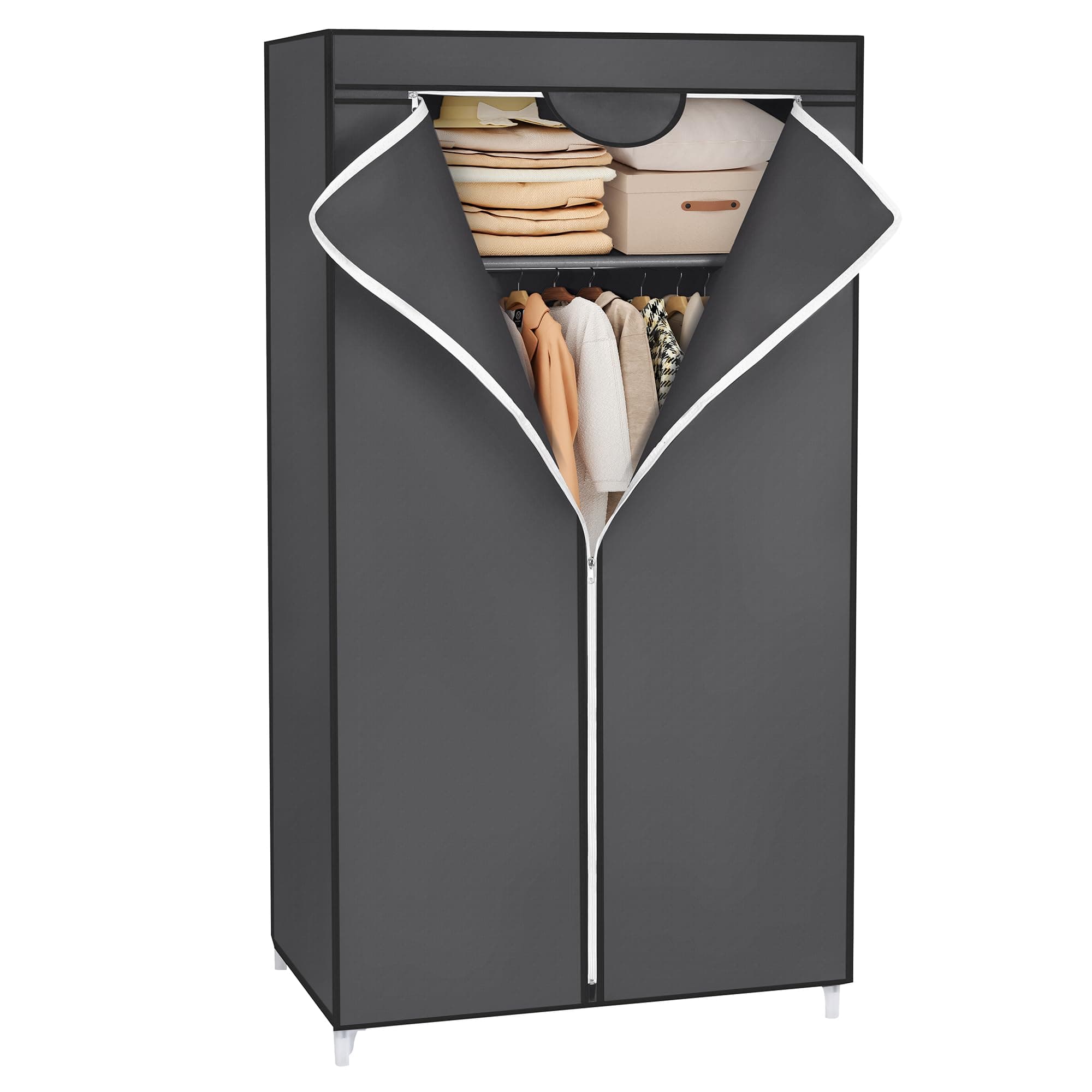 SONGMICS Kleiderschrank aus Stoff, zusammenklappbar, mit Kleiderstange, einfacher Kleiderschrank, Organizer für Spielzeug, Schuhe, Taschen, Wohnzimmer, Schlafzimmer, Garderobe, 75 x 45 x 160 cm, Grau