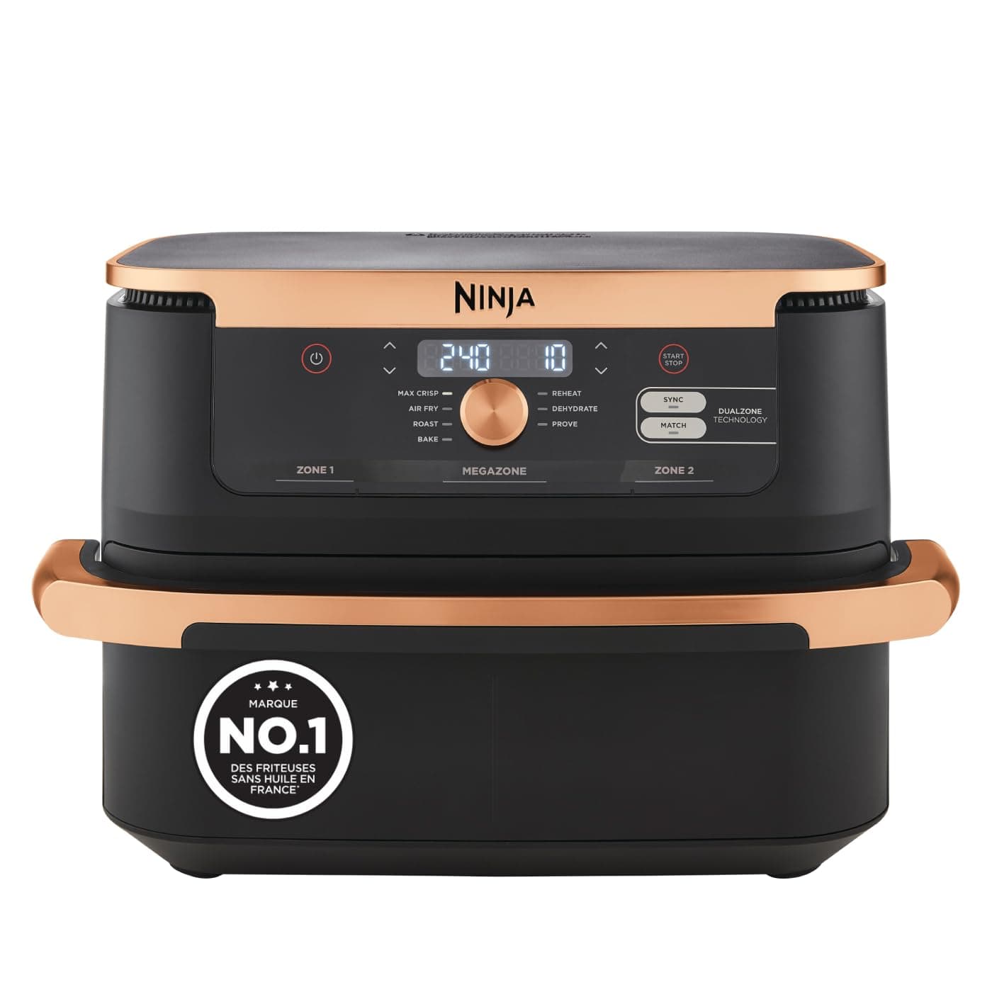 NINJA Foodi FlexDrawer Air Fryer, Dual Zone Avec Séparateur Amovible, Grand Tiroir de 10.4 L, 7-en-1, Double Zone, Pièces Antiadhésives Compatibles Au Lave-Vaisselle, Noir & Cuivre, AF500EUCP