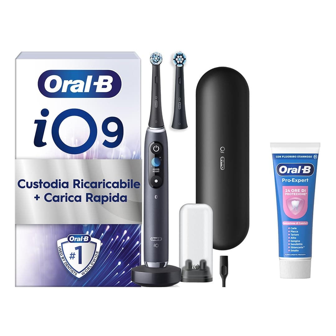 Oral-B iO 9 Spazzolino Elettrico, 2 Testine di Ricambio, Custodia, Nero - 2 Testine di Ricambio per Spazzolino Elettrico, Ricaricabile, Custodia da Viaggio + 1 Dentifricio Pro Expert, Pulizia Denti