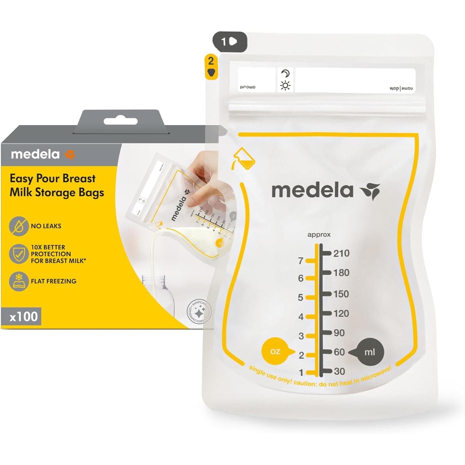 Medela sachets de conservation pour lait maternel Easy Pour, capacité de 210 ml, conception anti-fuite avec protection du lait, fabriqués sans BPA, jetables, lot de 100