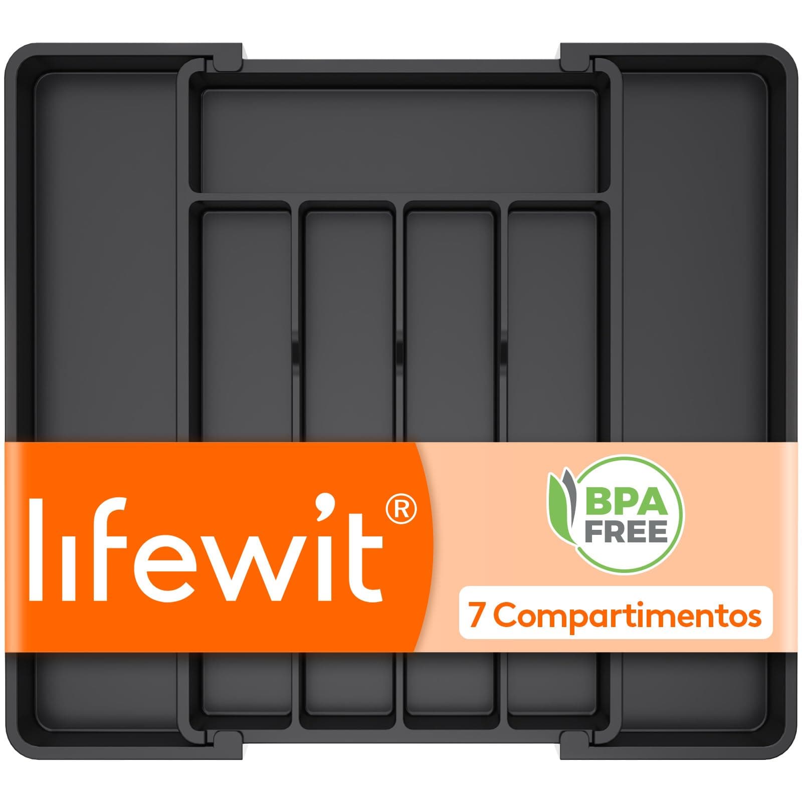Lifewit Organizador de Cubiertos para Cajón Cocina, Bandeja para Menaje Extensible, Cubertero Compacto para Almacenar Cucharas, Tenedores y Cuchillos, Ancho 24-41 x Fondo 34 cm, Lote 1, Negro