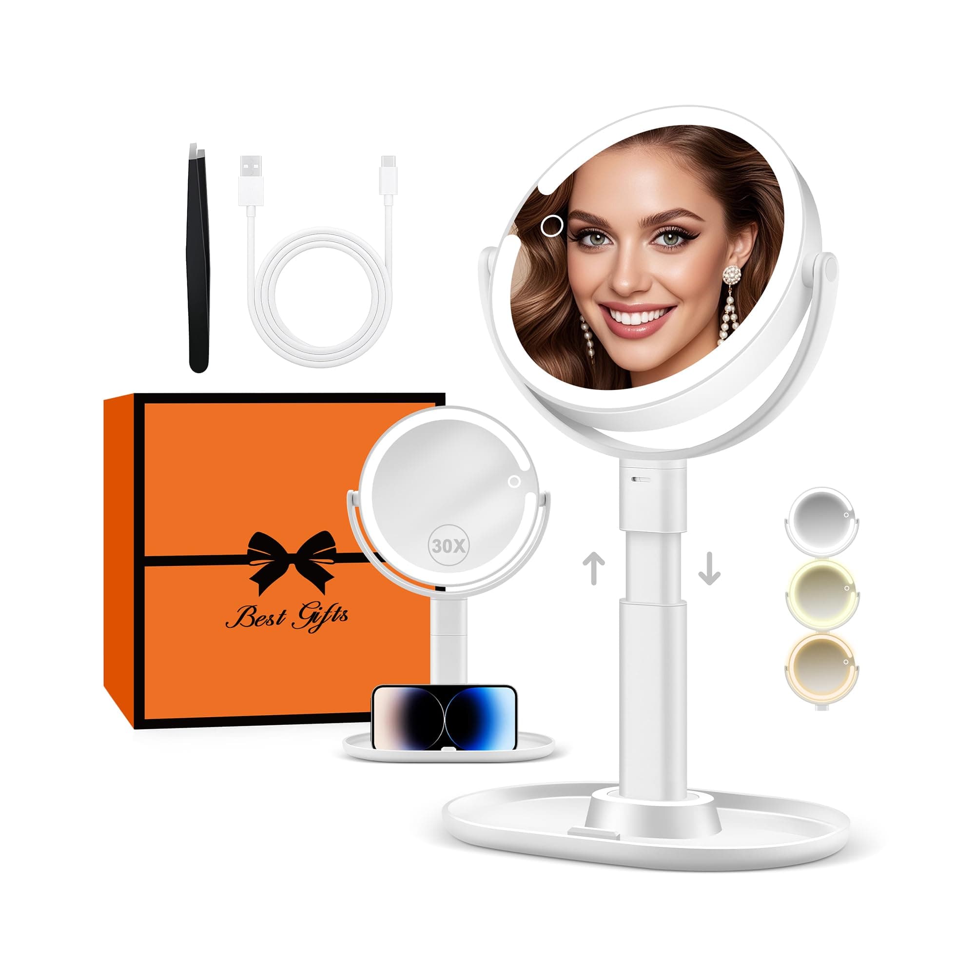 B Beauty Planet Miroir de Maquillage Éclairé 30X avec 3 Lumières de Couleur, LED à Intensité Variable et Réglable en Hauteur, Miroir Cosmétique 2 Côtés pour Salle de Bain, Cadeau pour Femme Blanc