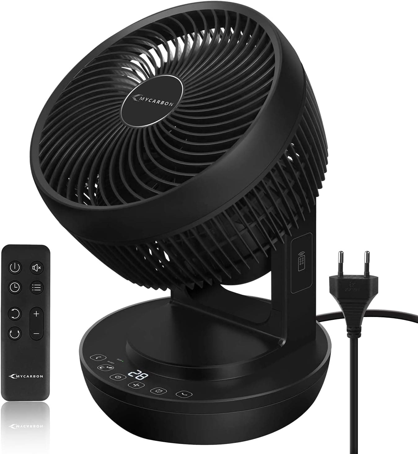 MYCARBON Ventilateur Silencieux avec Télécommande 1800m³/h ECO Mode 3D Oscillation 4 Vitesses Minuterie 12h Turbo Ventilateur de Table à Circulation d'Air pour Bureau Chambre 30m², Noir