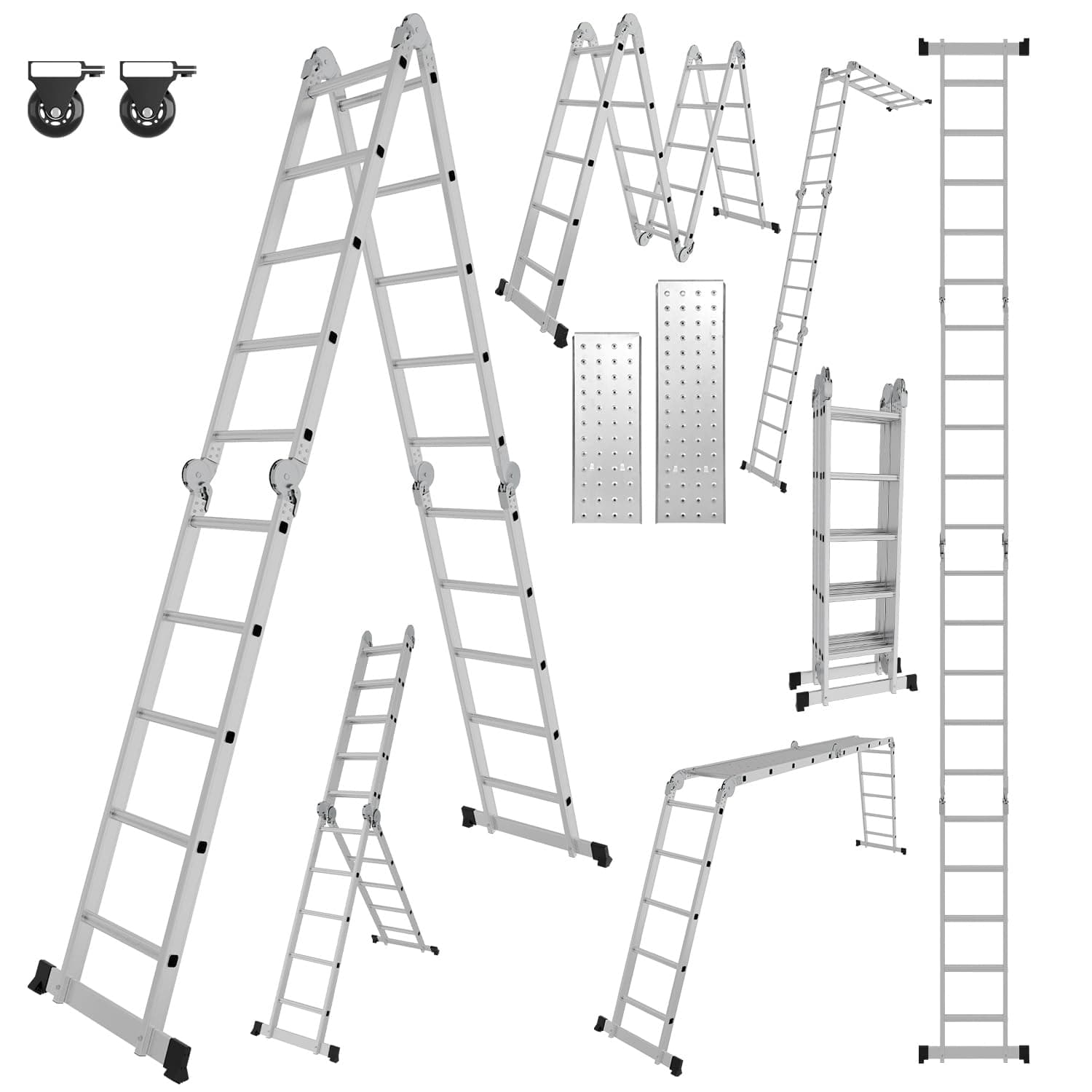 Yakimz Escalera Multifunción de Aluminio 7 en 1 - 5,82 m, 4 x 5 Peldaños, 2 Placas de Andamios, 2 Ruedas - Plegable, de Trabajo, Doméstica - Hasta 150 kg