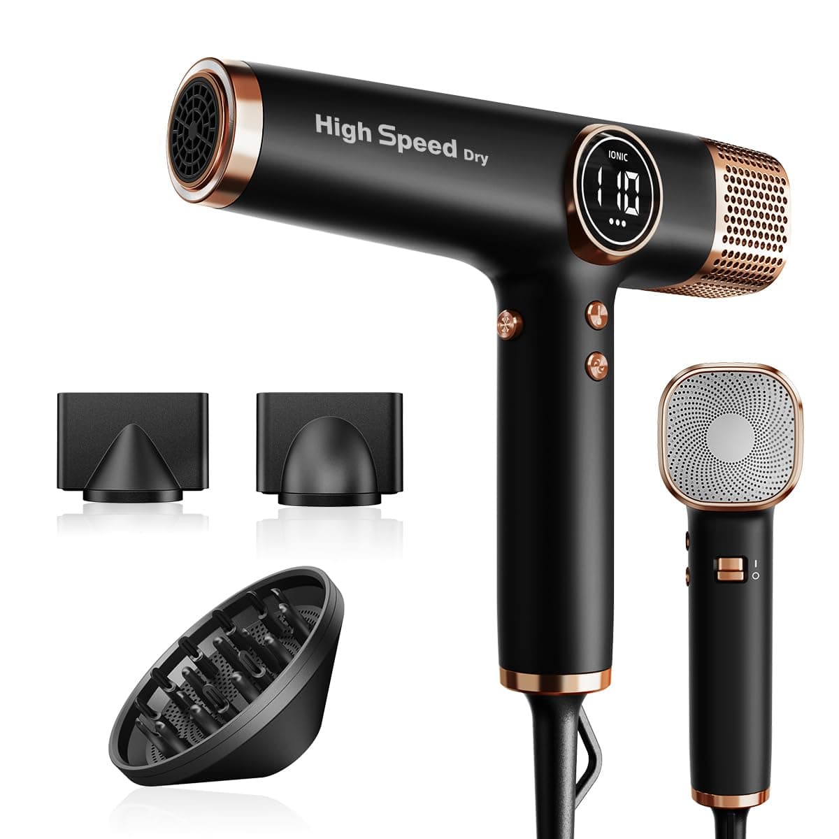 Faszin Asciugacapelli Professionale 110.000 RPM Ionico Leggero (Grafite) | Asciugatura rapida e a basso rumore. 3 ugelli magnetici. Ideale per casa e salone. Per uomini e donne