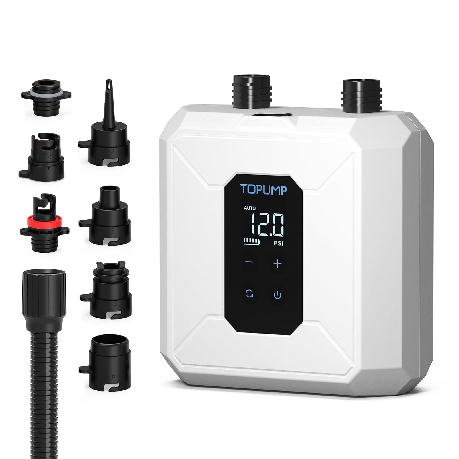 TOPUMP Pompa SUP Ricaricabile, 20PSI portatile senza fili | Doppio stadio, gonfiaggio e sgonfiaggio, spegnimento automatico, a batteria, 7 ugelli, per kayak, barche, tende