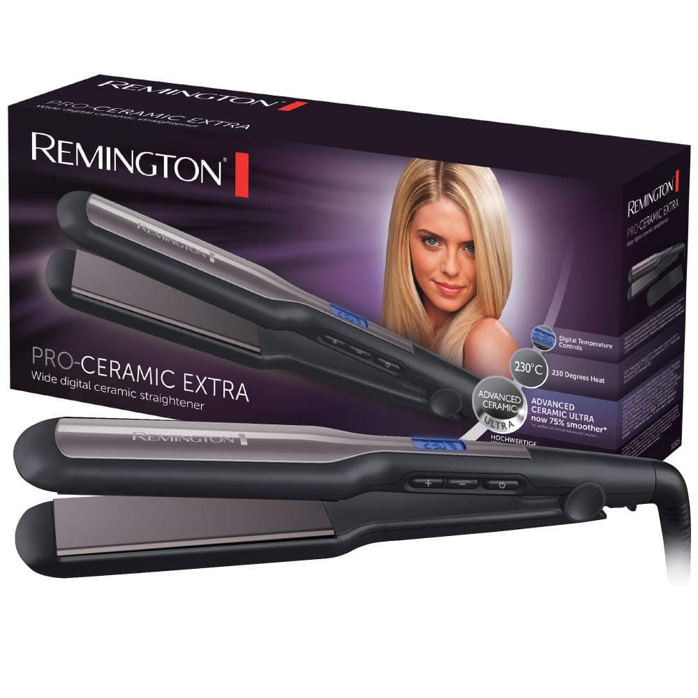 Remington Plancha de Pelo Ancha Pro Ceramic Extra, Cerámica Avanzada Ultra, Placas Flotantes, Temperatura hasta 230°C, Función Turbo y Bloqueo Temperatura, Digital, Calentamiento 15s, S5525
