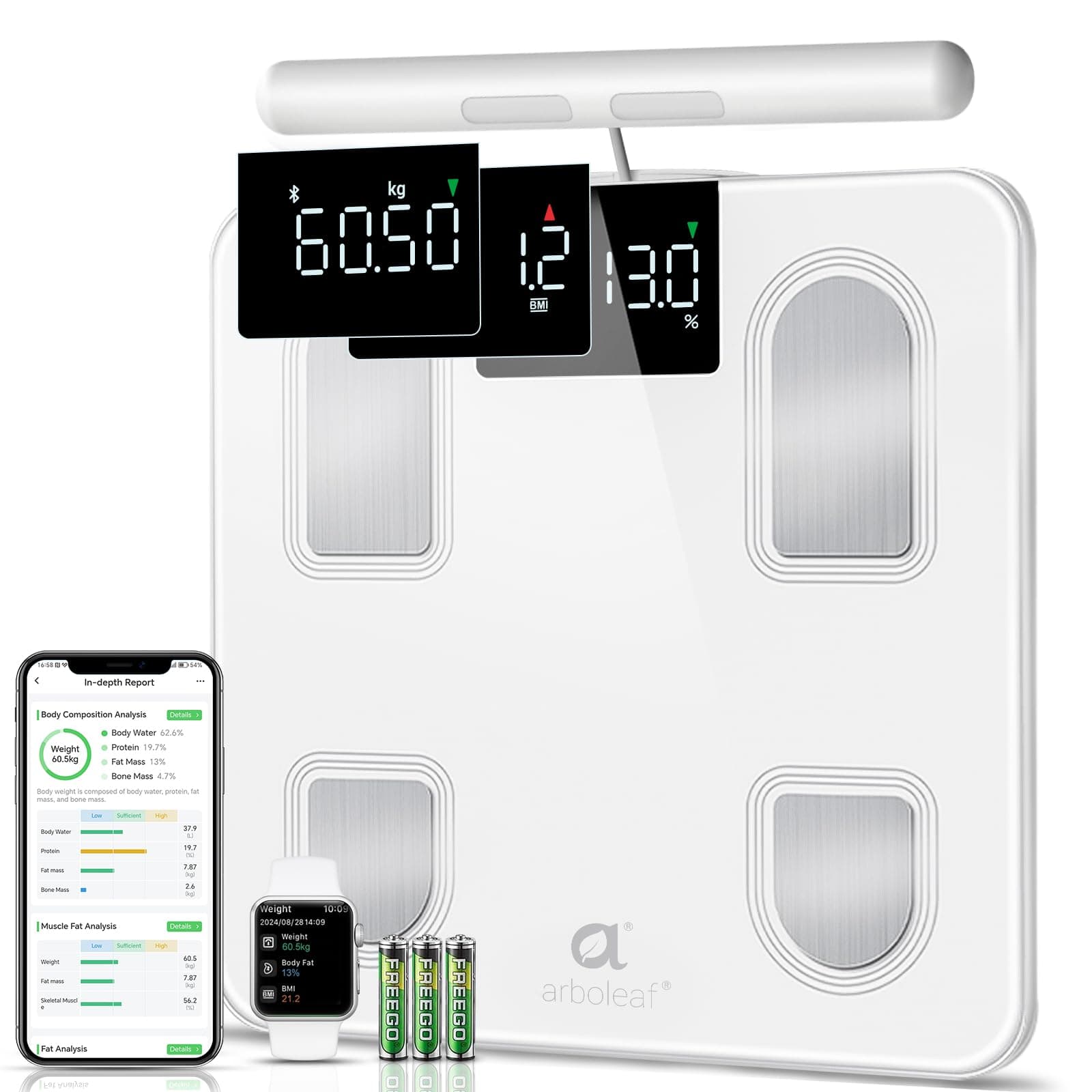 arboleaf Báscula Inteligente con 8 Electrodos para Análisis Corporal, Bascula Grasa Corporal y Muscular, Bascula Bioimpedancia con APP y Bluetooth, Hasta 180 kg