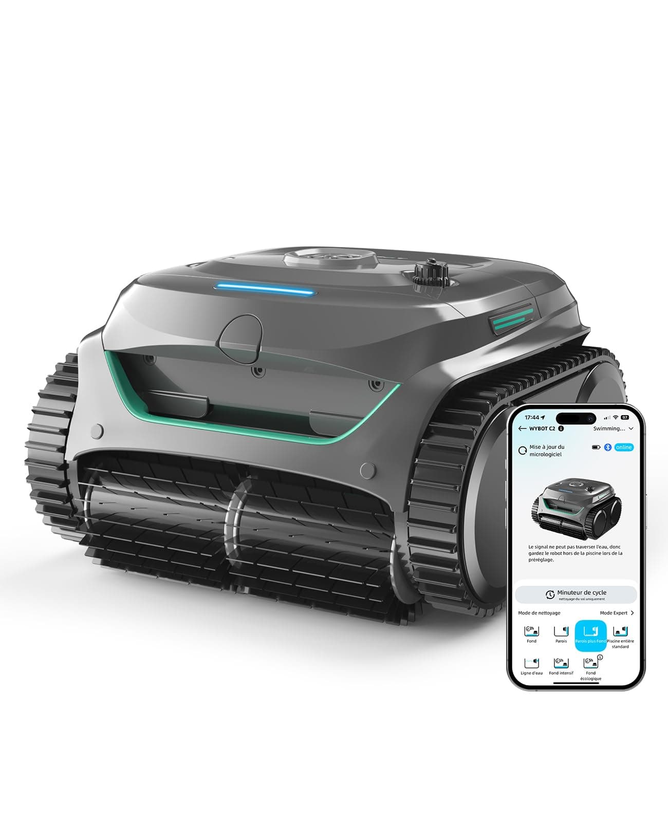 WYBOT C2 Robot Piscine sans Fil pour Piscines Enterrées 150㎡, Double Filtration, 3 Moteurs, Aspiration Puissante, Nettoyage Parois & Ligne d'eau, 180 Min, App(Gris-Vert Gris)