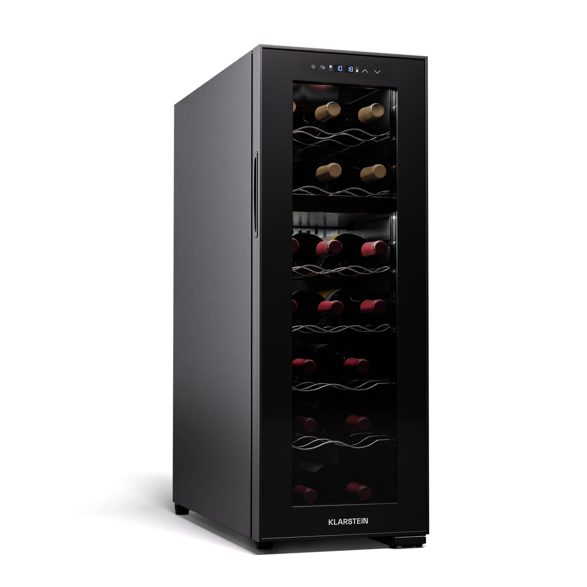 KLARSTEIN Shiraz Vinoteca Negro – 18 Botellas, 2 Zonas | Nevera para Vinos de Libre Instalación, Puerta de Cristal, Silenciosa, 5–18 °C, LED, Marco Inox