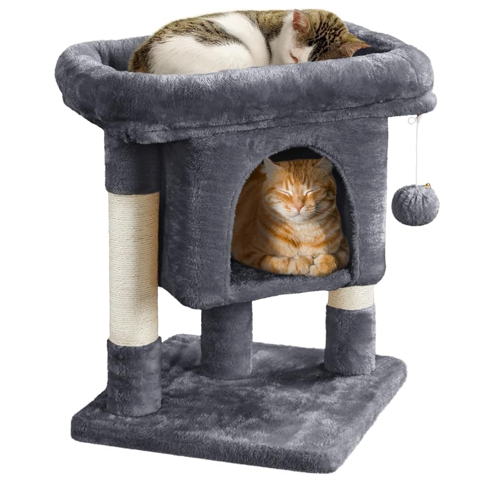 Yaheetech Tiragraffi Albero per Gatti con Posatoio Grande Graffiatoio per Gatti 40,5 x 40,5 x 59 cm Grigio Scuro | Torre con cuccia comoda, pali in sisal, ampio trespolo e pallina sospesa, gioco graffiatura per gatti di piccola/media taglia