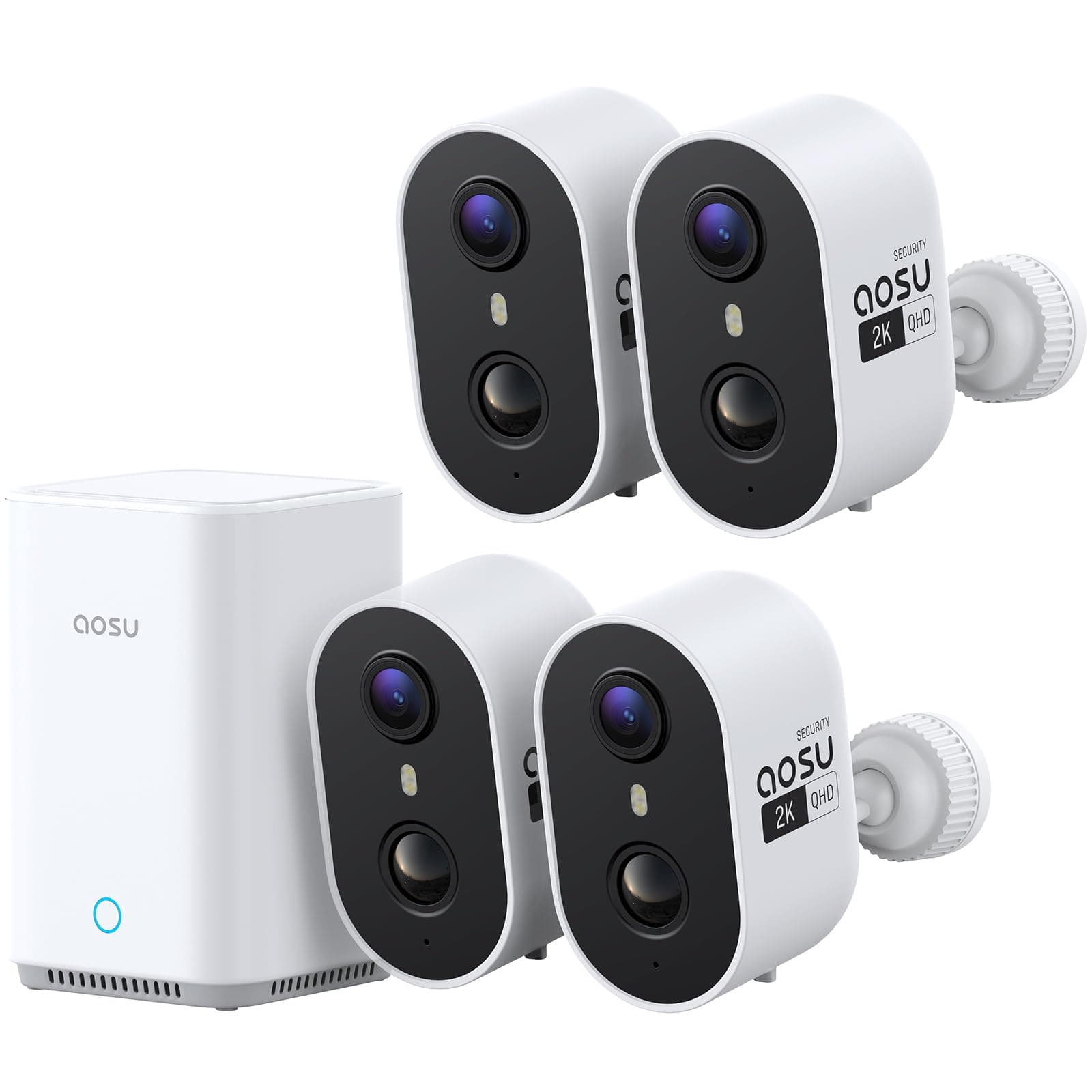 AOSU 2K Caméra Surveillance WiFi Extérieure Intérieur Sans Fil, 4 Cam Kit & 2.0 aosuBase, Sans Abonnement Requis, Extensible à 1 To, AI PIR Détection, Alarme Son et Lumière, Vision Nocturne en Couleur