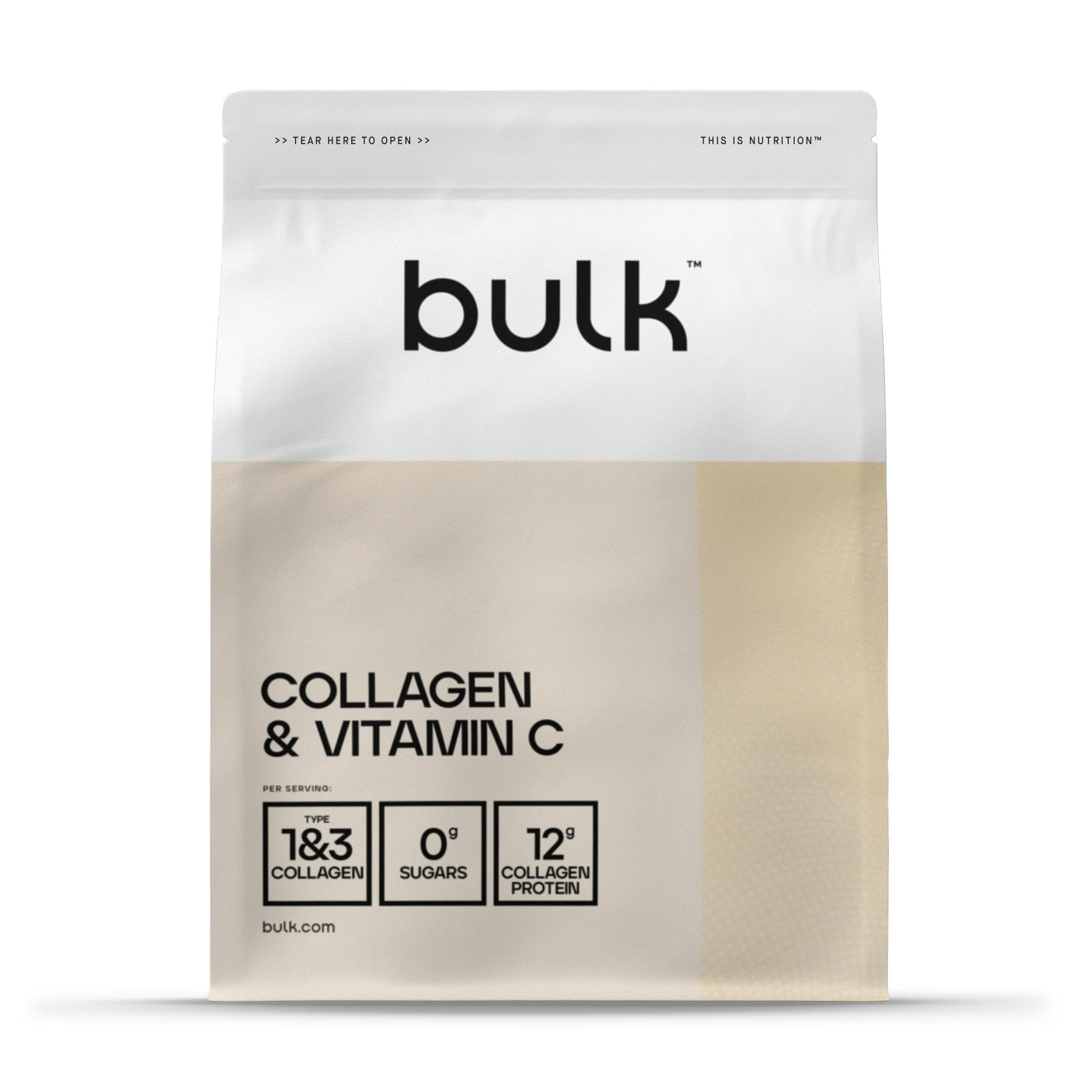 Bulk Collagène et Vitamine C en Poudre, 12 000 mg par portion, peptides de collagène hydrolysé, type 1 et type 3, Peptides de Collagène, Orange, 500 g