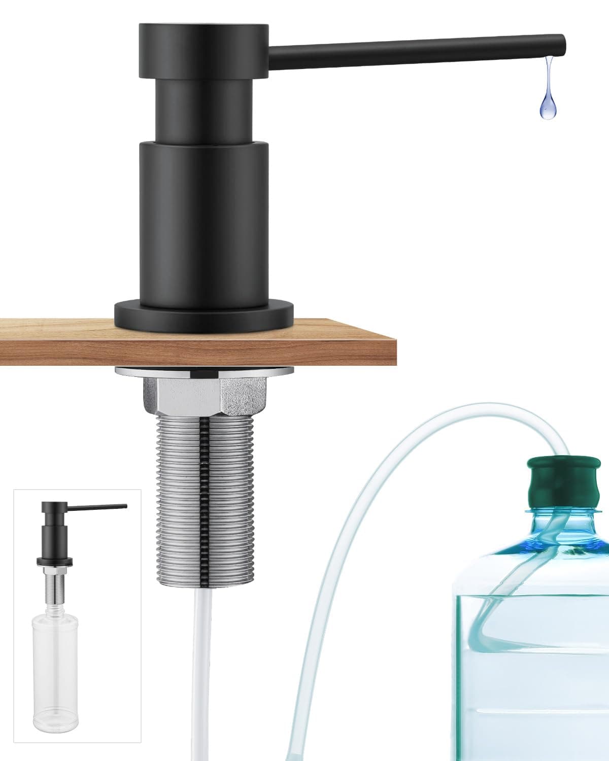 Sofetiy Distributeur de Savon Noir Encastrable pour Cuisine, Distributeur Liquide Vaisselle Durable avec Écrous en Acier INOX 304(sans Plastique), Bouteille de 300ml et Tuyau de Rallonge de 1,25m