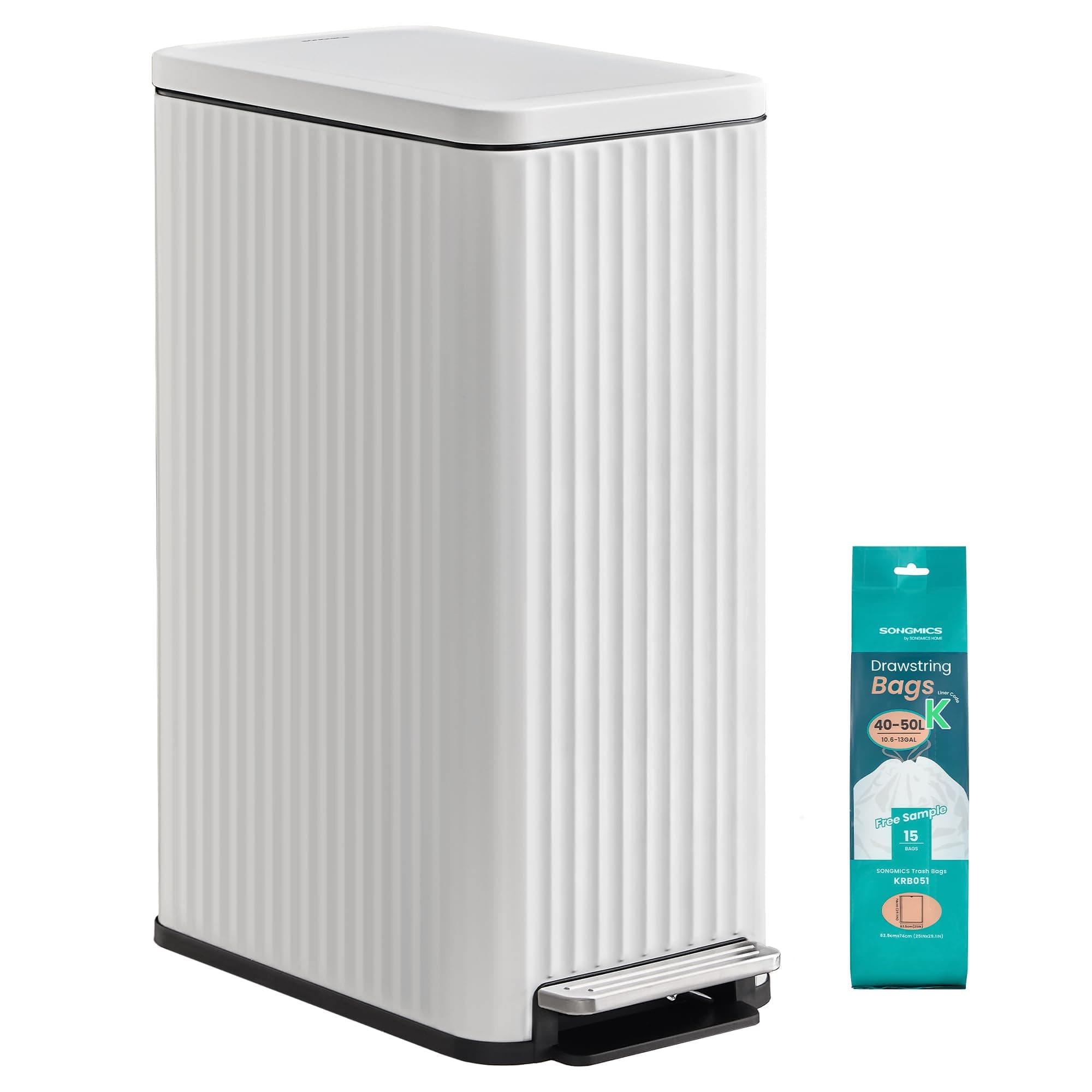 SONGMICS Poubelle de Cuisine, 50 L, avec Pédale, Couvercle à Fermeture Douce, Seau Intérieur Amovible, en Acier, 15 Sacs Poubelle, Fin, Gain de Place, Blanc Nuage LTB350WZ02
