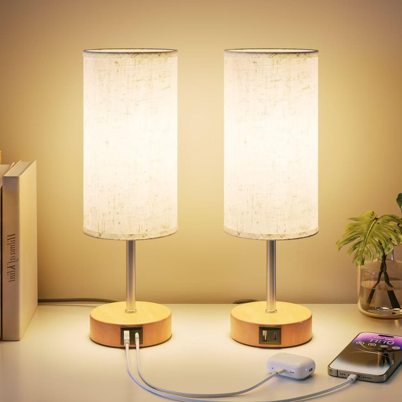 UPXNBOR Lampes de Chevet Tactiles Lot de 2 avec Ports de Charge USB-A et USB-C, Lampe de Bureau, Variateur 3 Niveaux, Abat-Jour en Tissu de Lin, avec Câble de 1,5 m (Ampoule E27 Incluse)