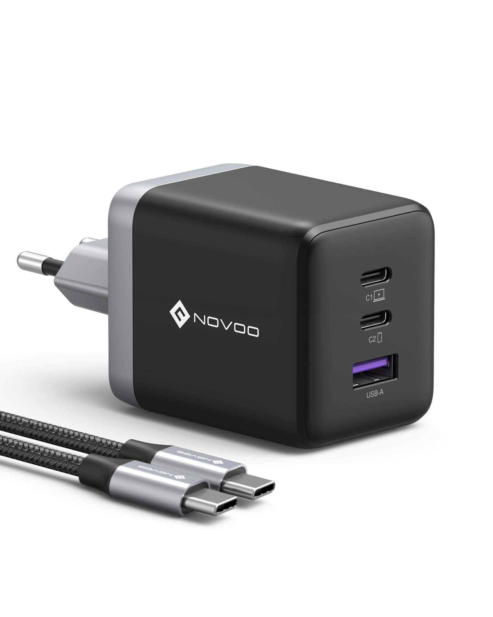 NOVOO Caricatore USB C, 100W Caricabatterie Con Cavo USB-C PD, GaN Ⅲ 3 Porte Veloce Caricatore per MacBook Pro, Dell XPS 13, iPad Pro, iPhone 16/15/14/13/12, Galaxy S24 Ultra