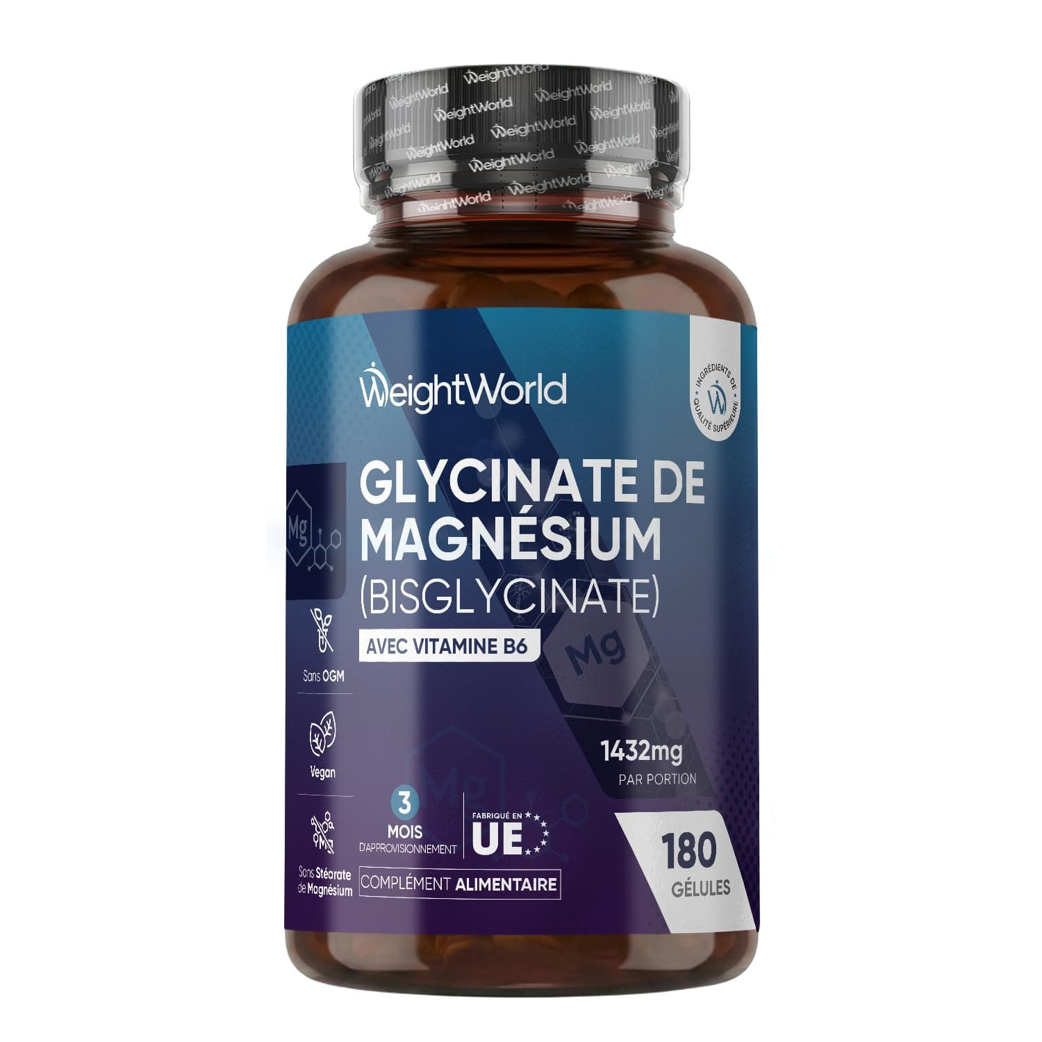Magnesium Bisglycinate + Vitamine B6 1432mg - 180 Gélules Vegan | le Magnésium Contribue à Réduire la Fatigue & l'Épuisement (EFSA) - 2 Gélules par Jour pour 3 Mois d'Approvisionnement