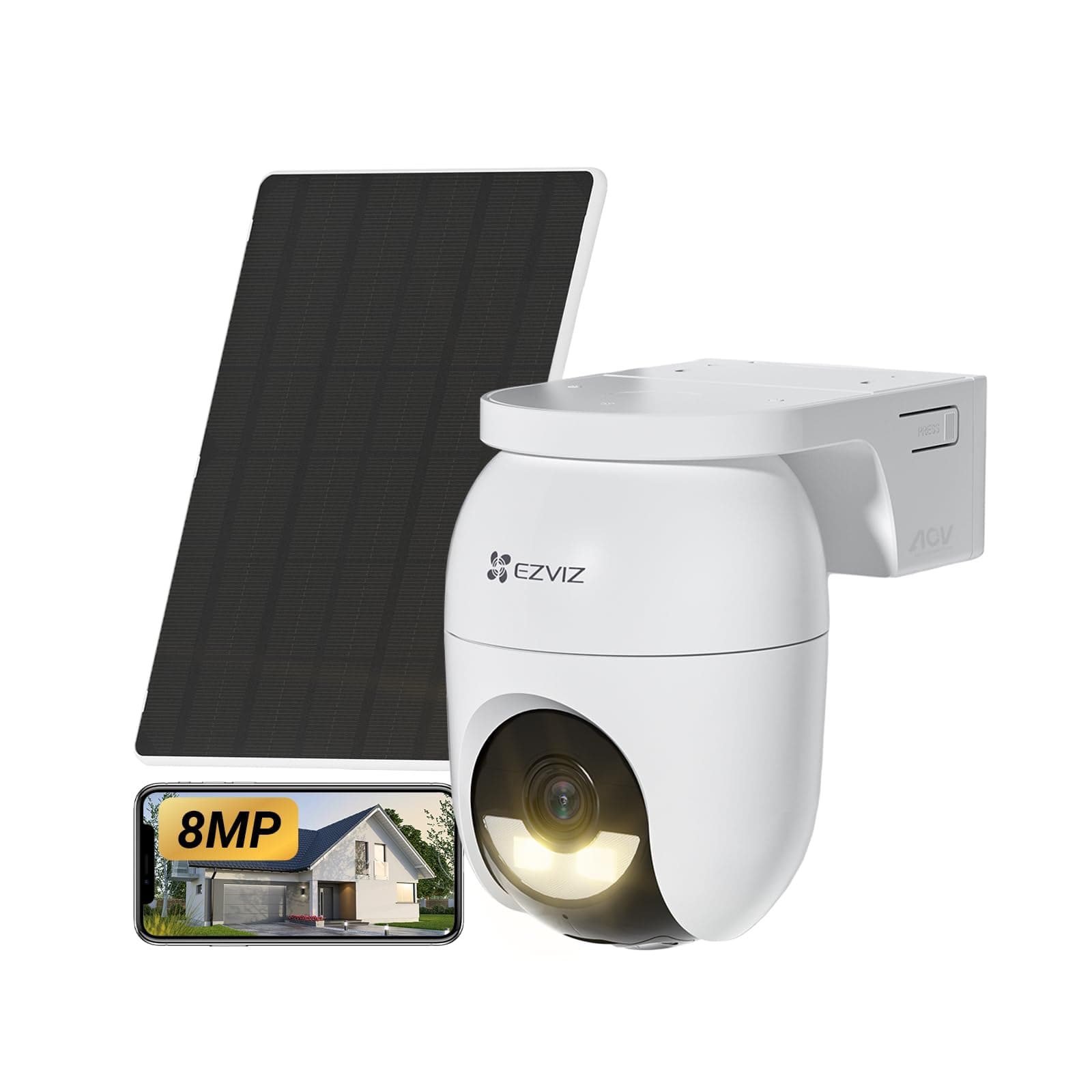 EZVIZ 8MP Cámara Vigilancia Exterior Solar con Batería, AOV,Wi-Fi,360° Sin Cables,4K,Detección de Personas/Vehículos IA,Visión Nocturna Color,Zoom Automático.CB8 Lite+Panel Solar 5W,Seguridad Hogar