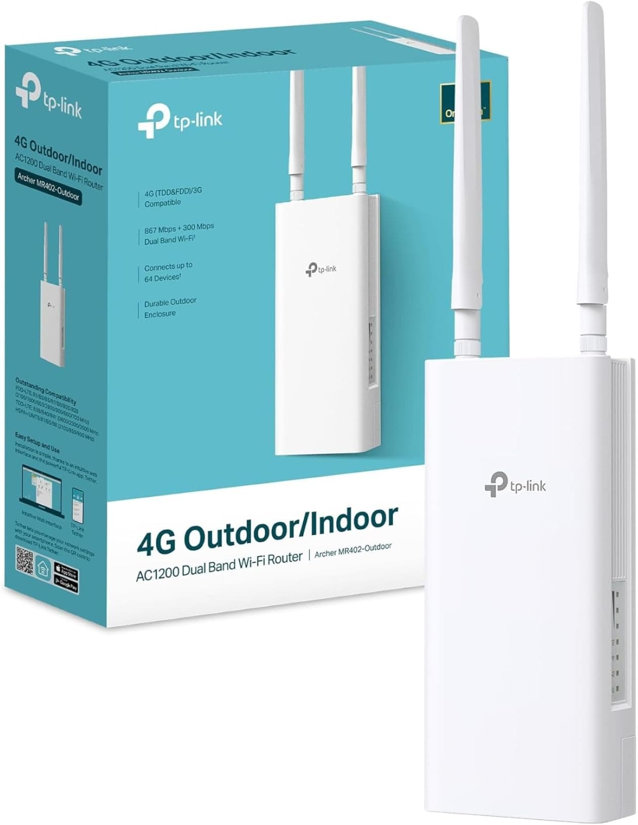 TP-Link Archer MR402-Outdoor Router 4G LTE Externo, WiFi AC1200Mbps Dual Band, IP65 Impermeable, Soporte PoE/DC, Cat4 hasta 150Mbps, tecnología OneMesh, instalación en Poste/Pared, Plug & Play
