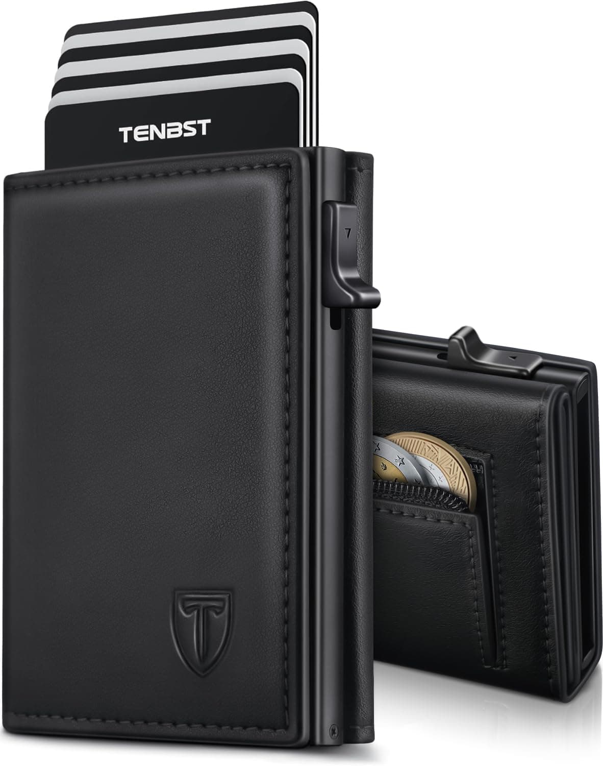 TENBST Cartera Hombre de Cuero, Cartera Tarjetero Hombre pequeño para Crédito, Tarjetero con Bloqueo RFID, Billetes y Monedas con Caja de Regalo