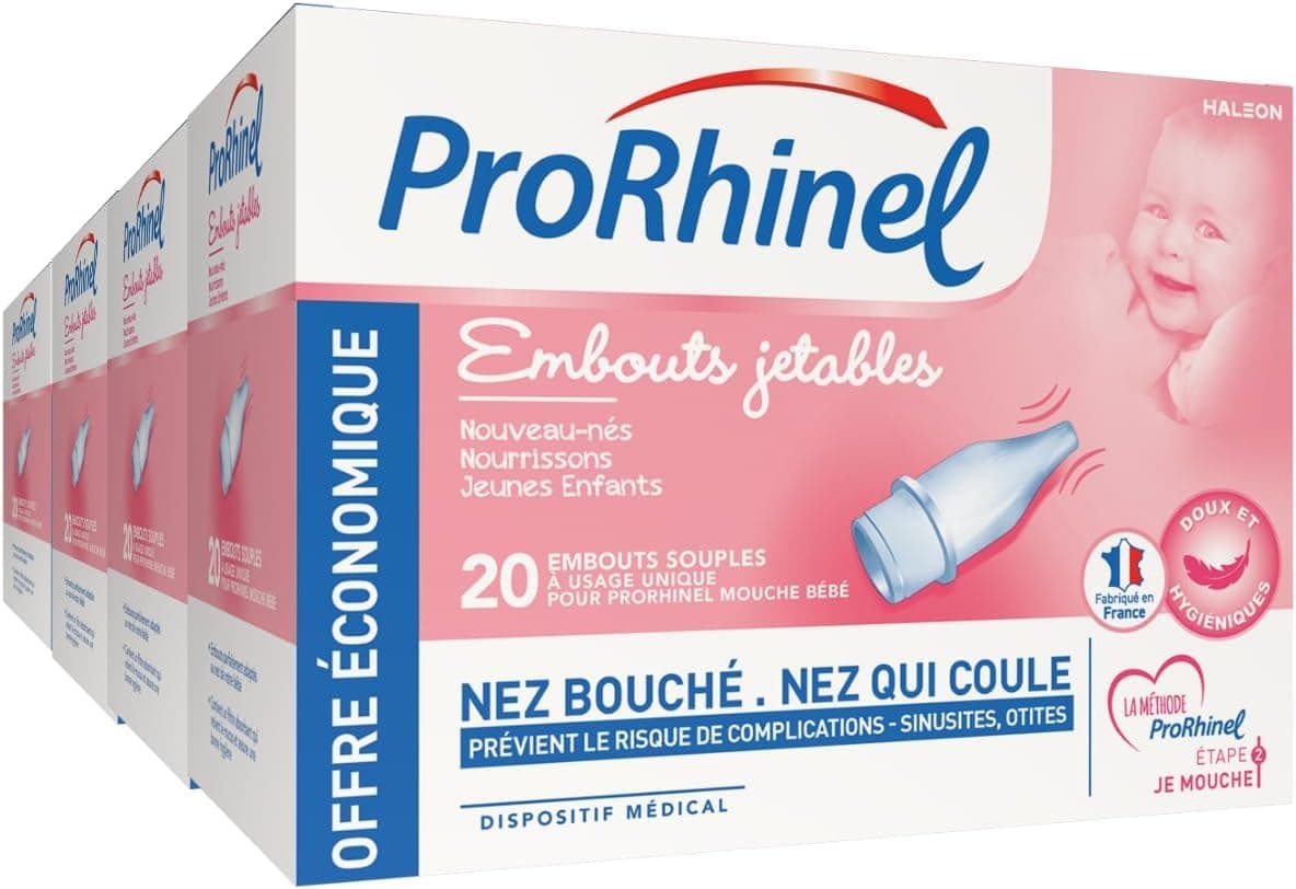 PRORHINEL - Embouts Jetables Souples Pour Mouche Bébé Manuel - Lavage Nez Bouché, Nez Qui Coule - Doux & Hygiéniques - Facile À Utiliser - Dès la Naissance - Fabriqué En France - Lot 4 x 20 Embouts