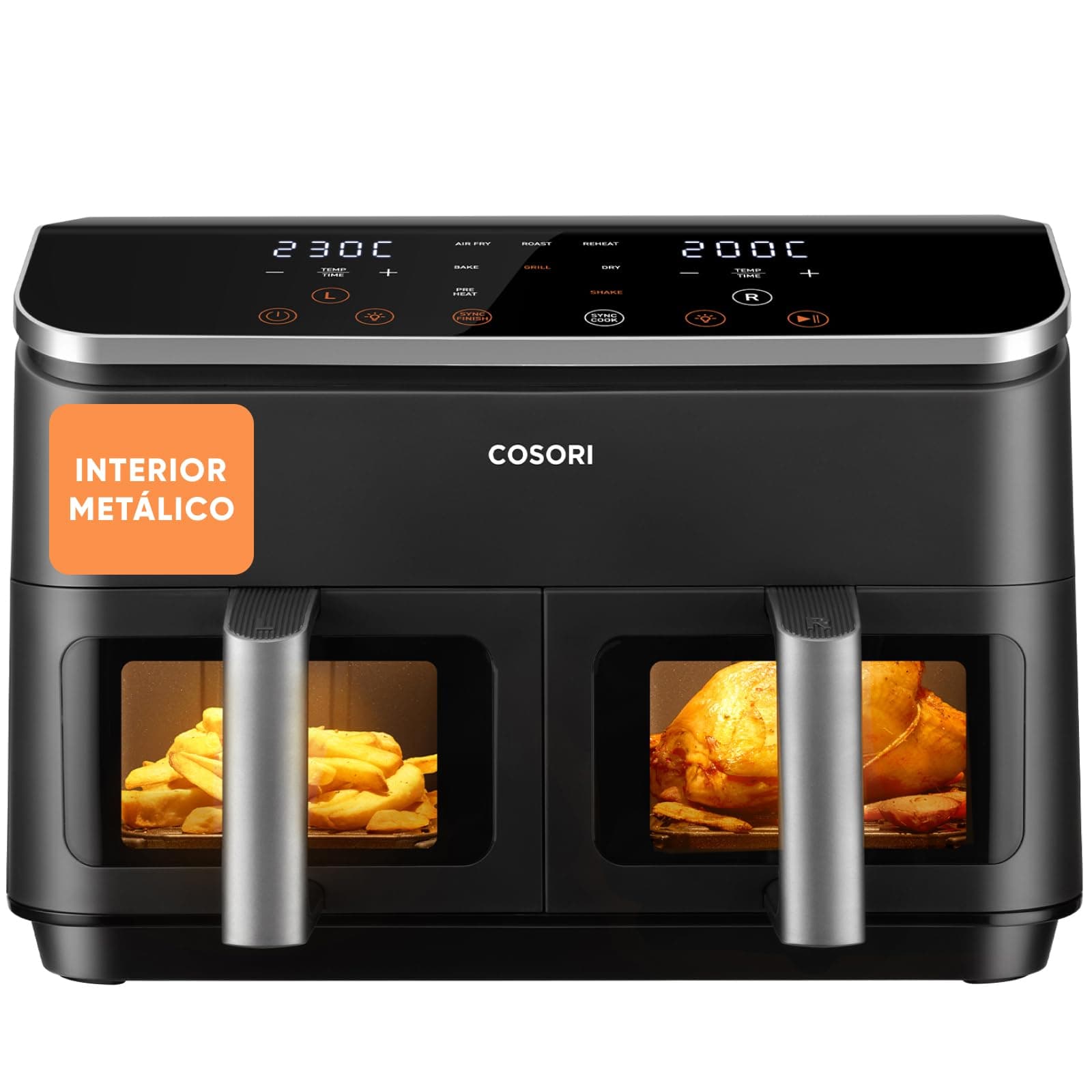 Cosori Freidora de Aire Grande con Doble Cesta 8,5L Air Fryer, Alta Pontencia y Velocidad, Max 8-10 Personas, 10 Funciones, Acero Inox Interior con Fianza, Más Sano, Panel Táctil Intuitivo, Limpiable