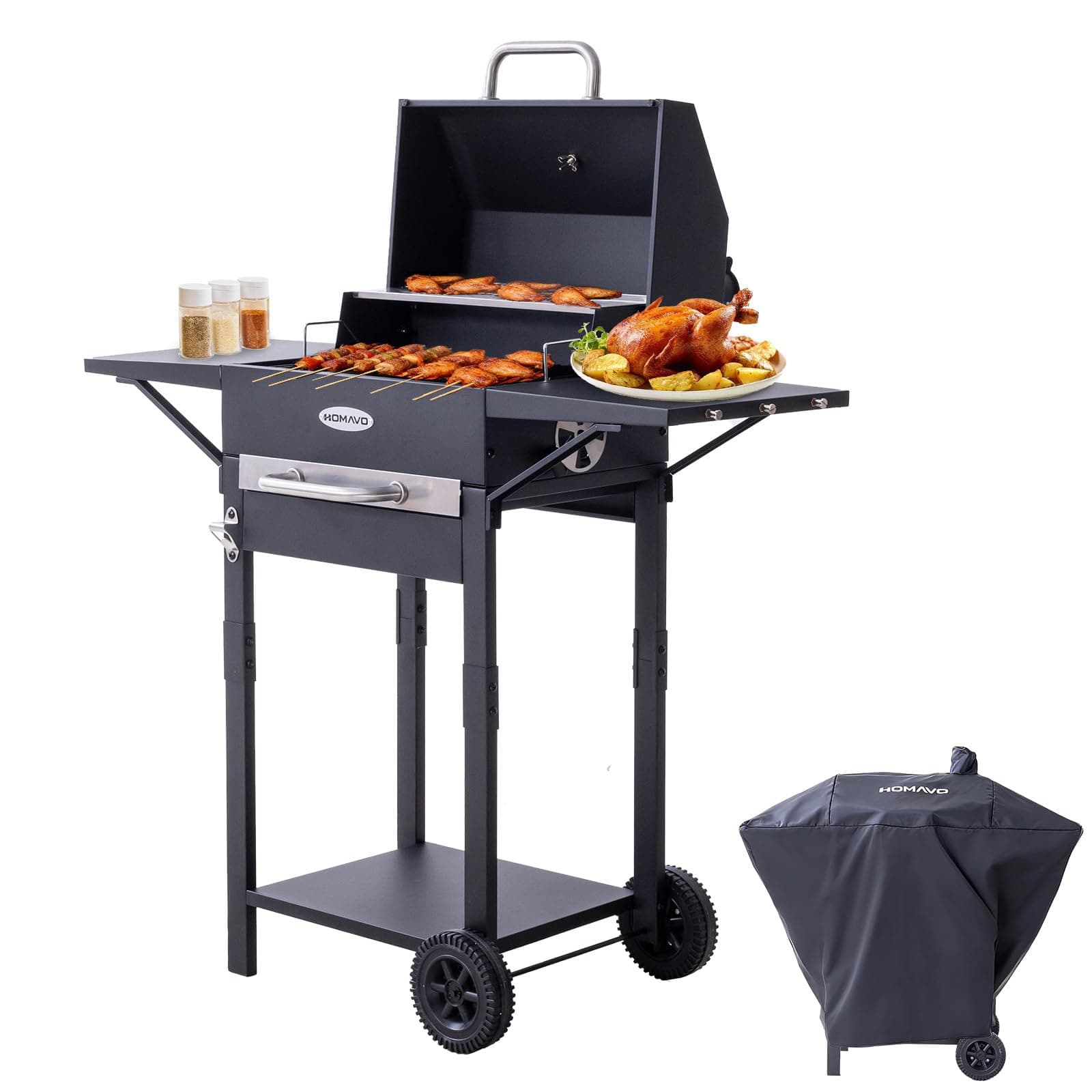 HOMAVO Barbacoa carbón con tapa y funda protectora, Parrilla 2 en 1 compacta para balcón, Termómetro integrado, Mantener caliente, Lista para uso exterior y almacenamiento
