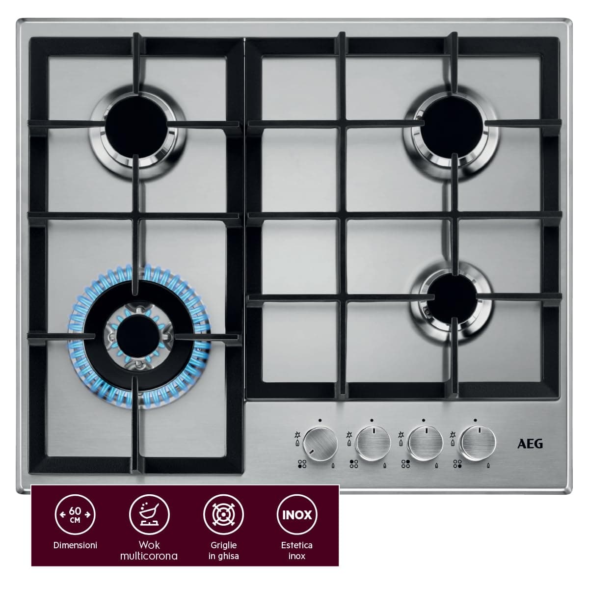AEG HGB64400SM Piano Cottura a Gas 60 cm 4 Fuochi Griglie in Ghisa Inox | 60 cm, 4 fuochi, griglie in ghisa, finitura inox