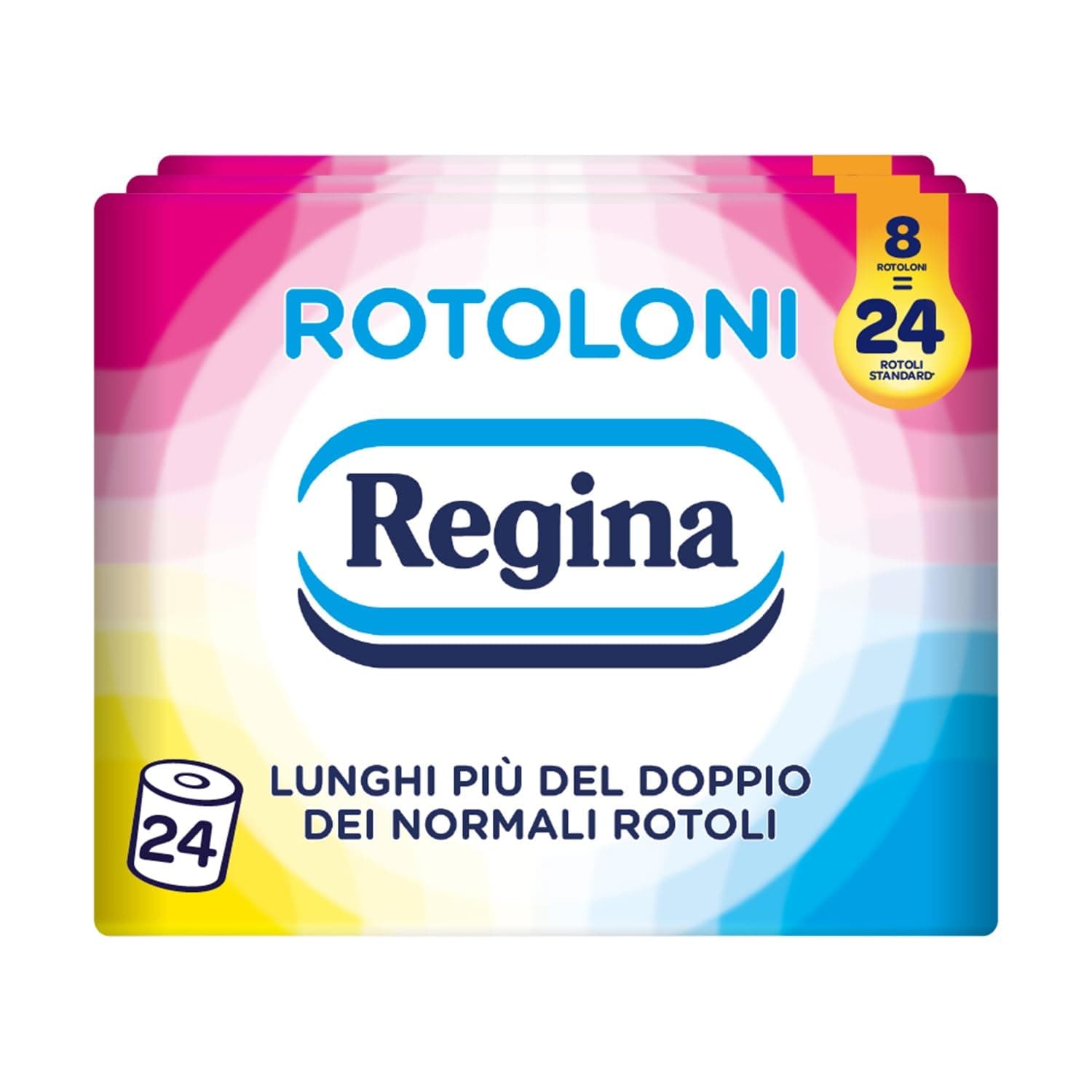 Regina Rotoloni, 24 Maxi Rotoli di Carta Igienica a 2 Veli | 500 Fogli, Lunghi Più del Doppio dei Normali Rotoli, Confezione 50% in Plastica Riciclata, Carta 100% Certificata FSC