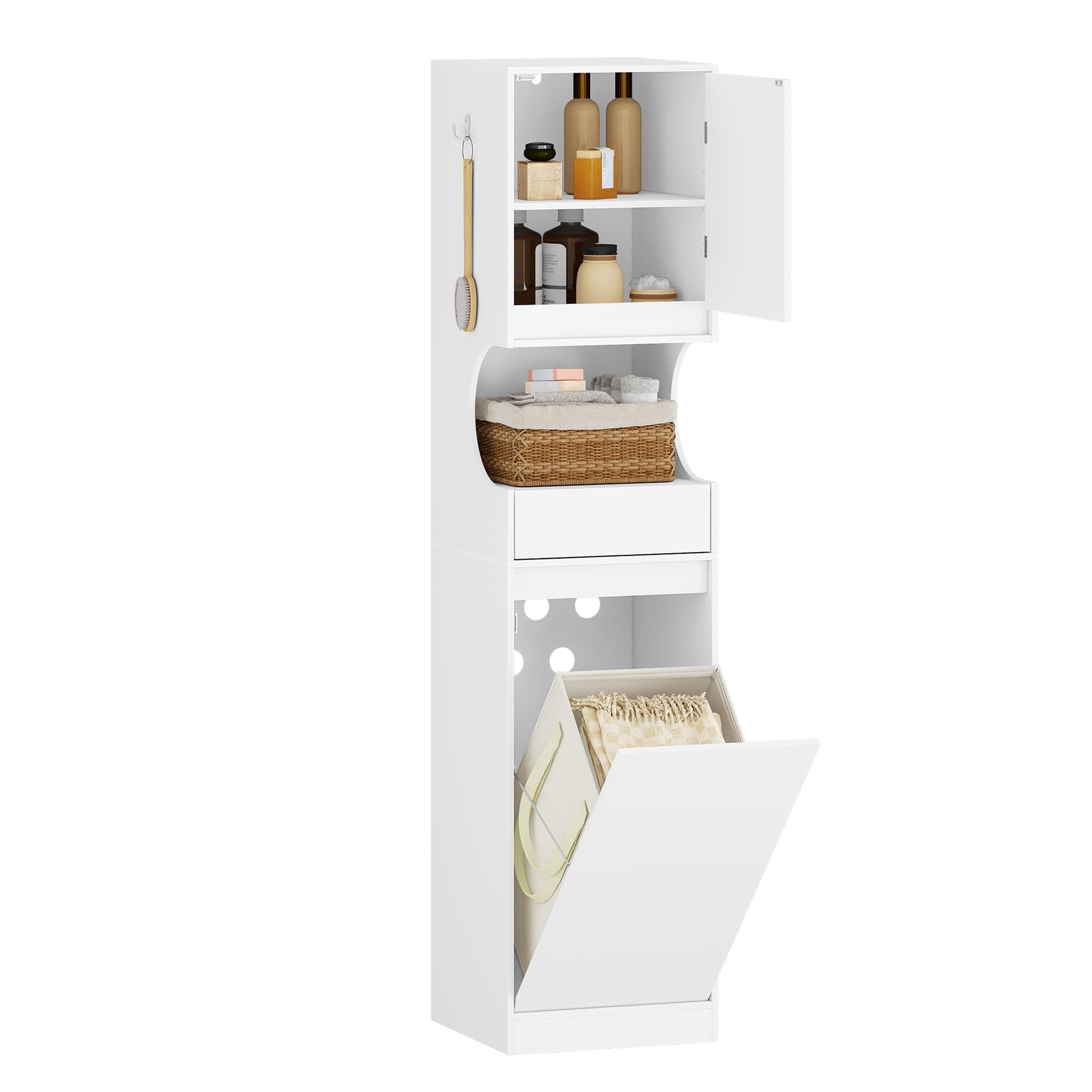 Hzuaneri Mueble Columna de Baño, Mueble Ropa Sucia con 1 Cesto para Ropa, Columna de Baño Mueble de Baños, Apto para baños, lavadero, Sala de Estar, 40 x 40 x 174 cm, Blanco BC43013X