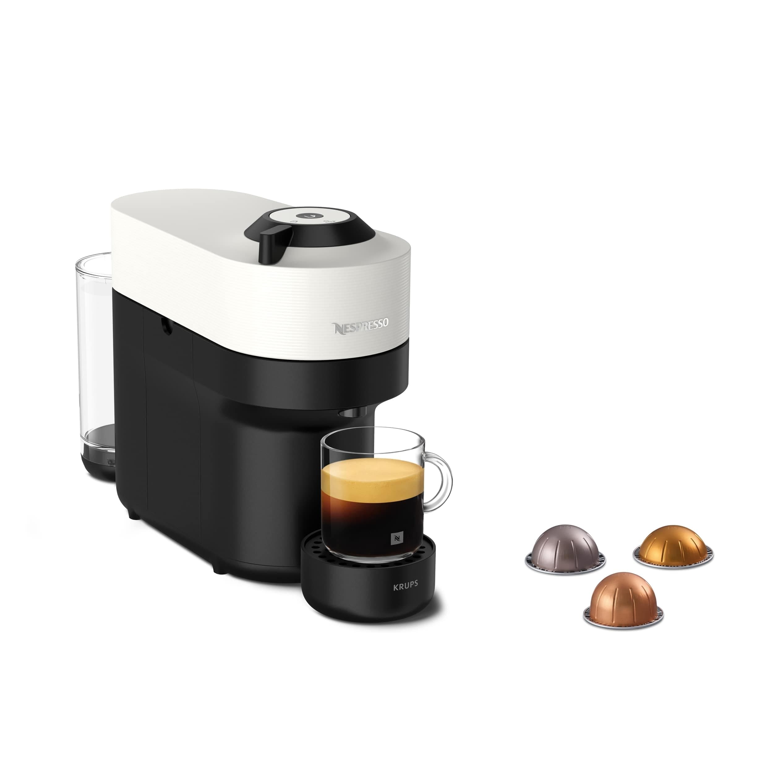 Krups Nespresso VERTUO Pop XN9201 - Cafetera de cápsulas, máquina de café expreso, 4 tamaños tazas, tecnología Centrifusion, 35 % plástico reciclado, Color Blanco