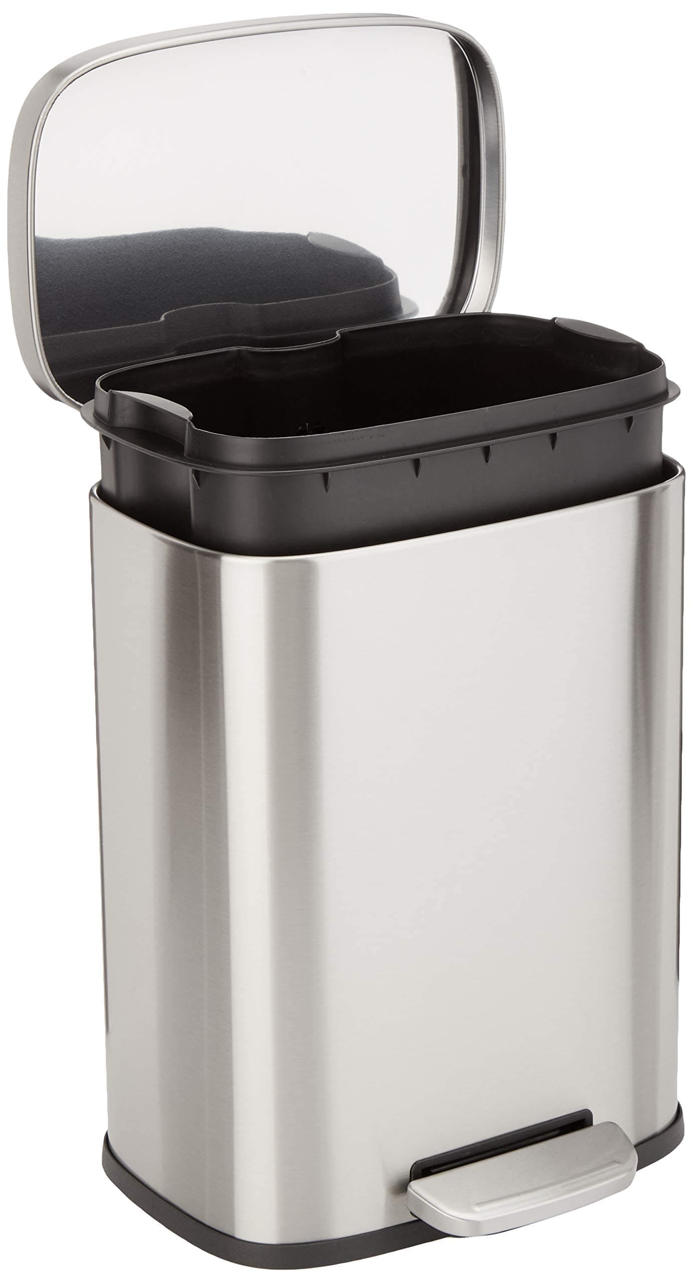 Amazon Basics Cubo de basura rectangular pequeño antimanchas con pedal suave, baño, dormitorio o salón, acero inoxidable cepillado y níquel satinado, 12 l, 28,7 x 25,15 x 38,35 cm (l. x an. x alt.)