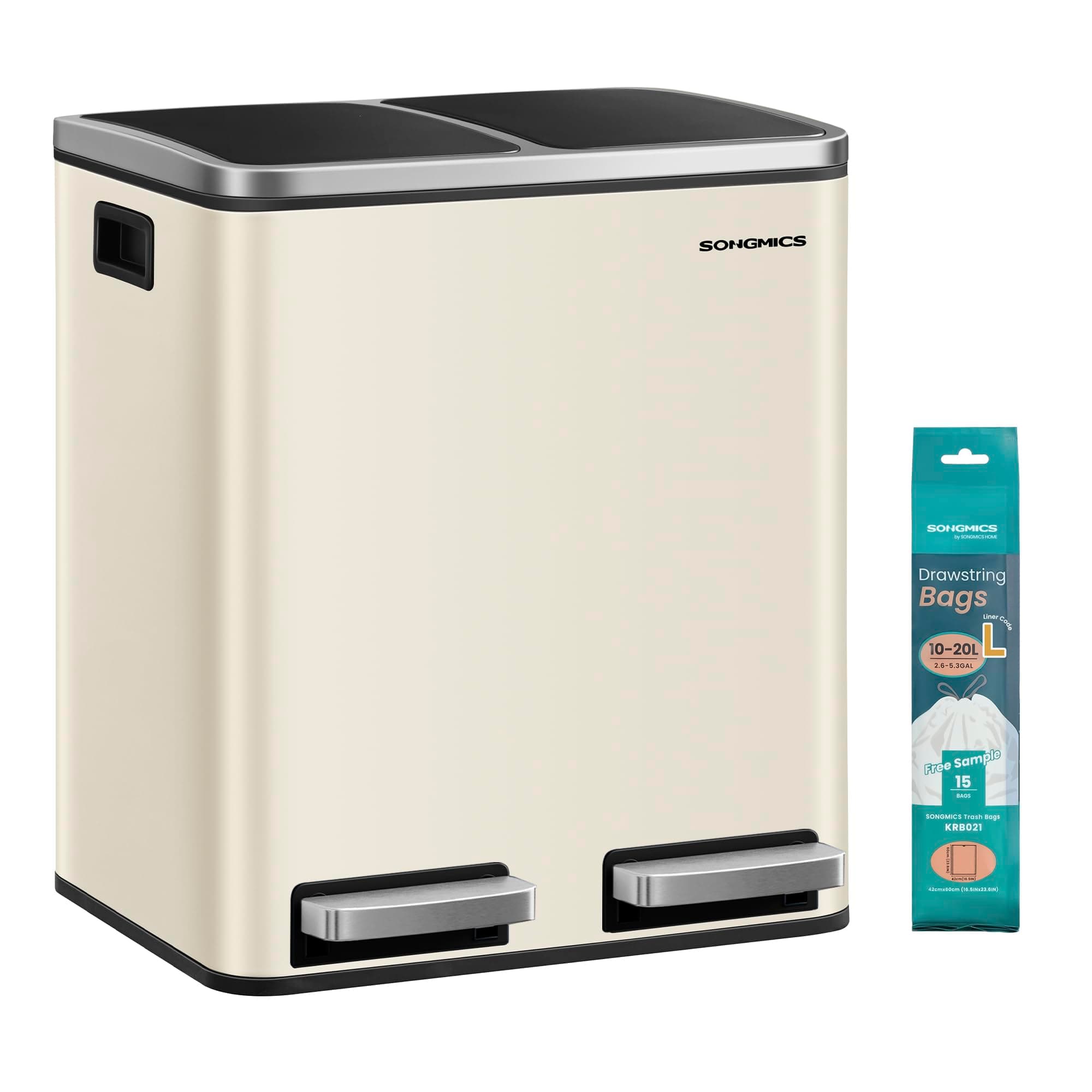 SONGMICS Poubelle Cuisine, 2 x 15 L, Poubelle Tri, avec Pédale, 2 Compartiments, 15 Sacs Poubelles, Seaux Intérieurs, Couvercles en Douceur, en Acier, Beige Sable et Noir d'Encre LTB030AB01