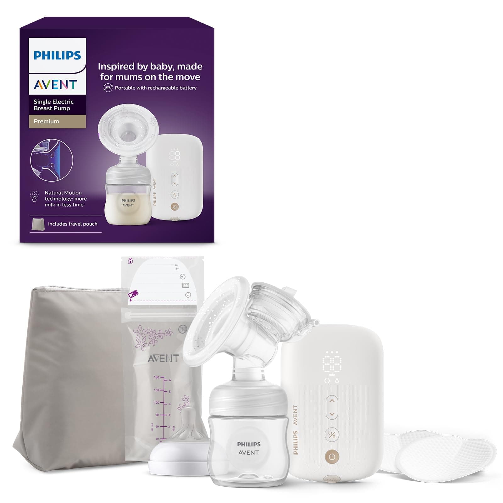 PHILIPS Avent Single Electric Breast Pump, tiralatte di qualità ospedaliera con motore silenzioso e ricaricabile per la massima discrezione ovunque ti trovi, borsa da viaggio, modello SCF396/31