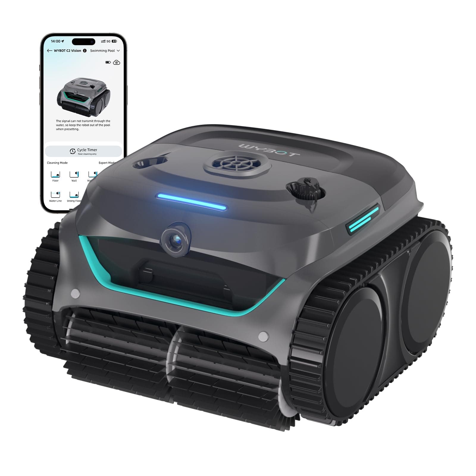 WYBOT (Nouveau Modèle) Robot Piscine sans Fil C2 Vision-A avec caméra IA, Filtration Ultra-Fine, Forte Aspiration, Nettoyage Fond/parois & Ligne d’Eau, Navigation Intelligente – Bleu-Vert Gris