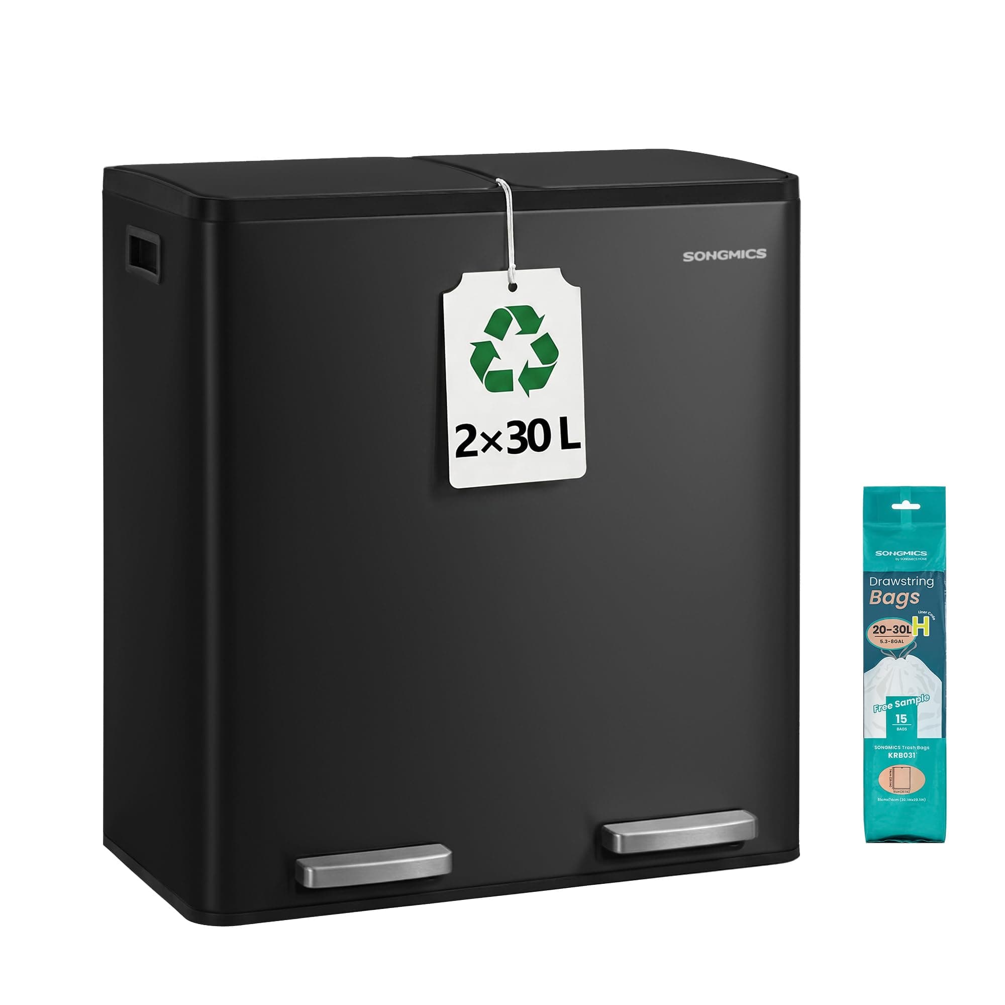SONGMICS Poubelle de Cuisine 2 x 30 L, Corbeille de Tri 2 Compartiments, avec 15 Sacs Poubelle, Seaux Amovibles, avec Couvercle, Poignées, Fermeture en Douceur, en Acier, Noir d'Encre LTB160BZ02