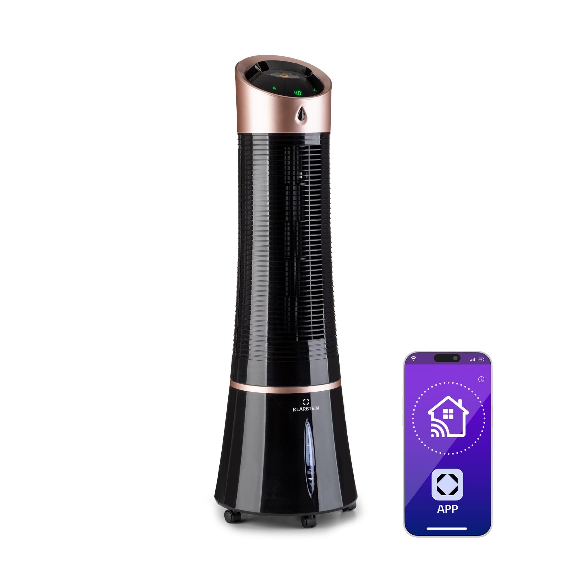 Klarstein Climatiseur 4 en 1 : rafraîchisseur d'air, ventilateur, humidificateur & ioniseur, Réservoir d'eau 6 L, oscillation, 30 W, 210 m³/h, minuterie, climatiseur mobile, noir/rose doré, smart