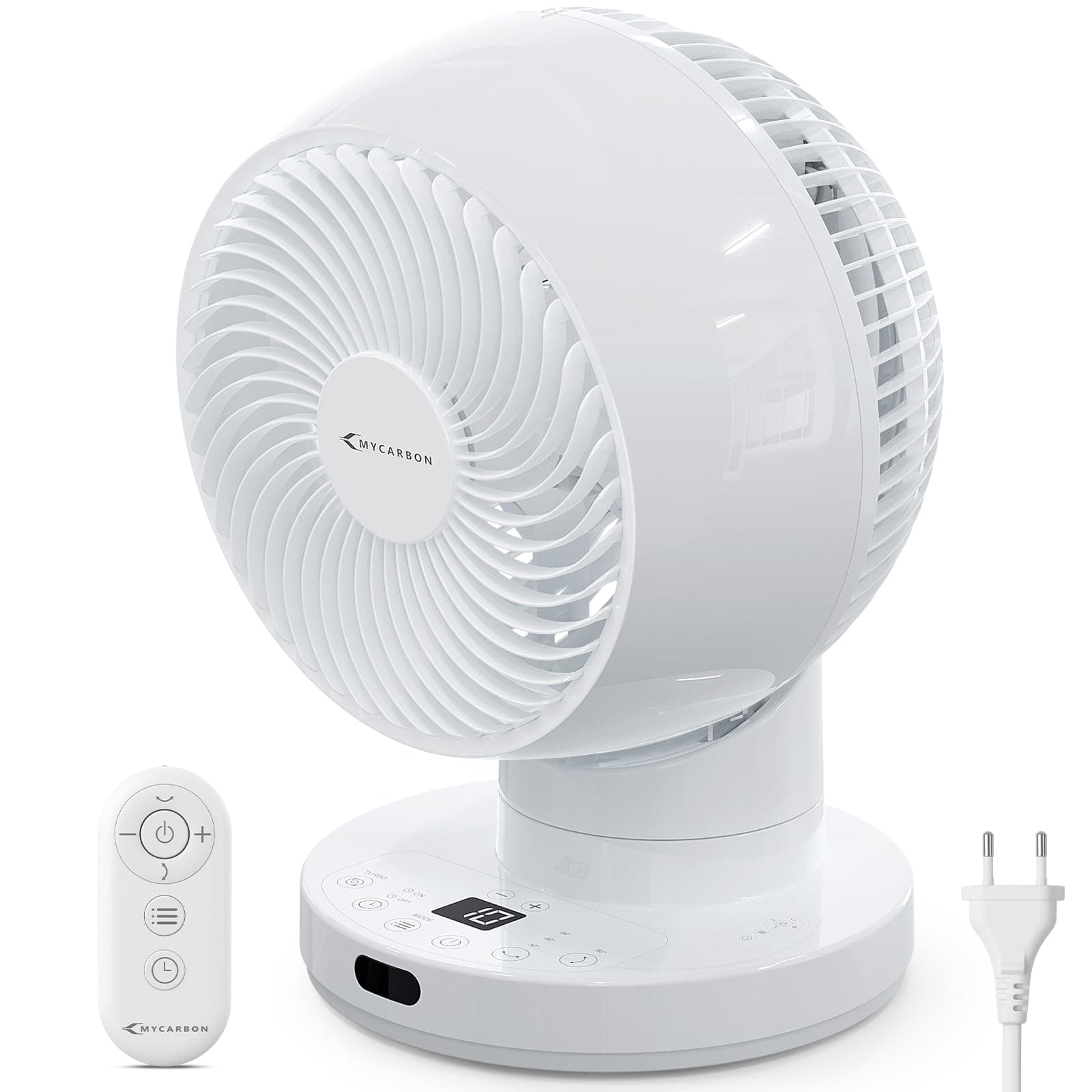 MYCARBON Turbo Ventilateur Silencieux 20dB Moteur DC 12h Minuteur Planification de Démarrage et d’Arrêt 3D Oscillation 3 Modes Petit Ventilateur de Table avec Télécommande pour Chambre, Bureau, Blanc
