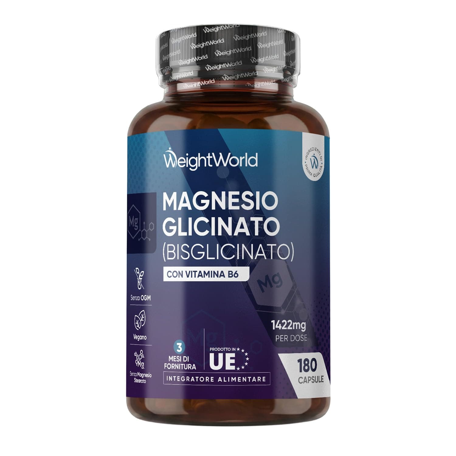 Magnesio Bisglicinato 1422mg per Dose con Vitamina B6, 180 Capsule (3 Mesi di Scorta), Magnesio Glicinato Vegano con Piridossina Cloridrato, 2 Capsule al Giorno di Magnesium Glycinate, Senza Additivi